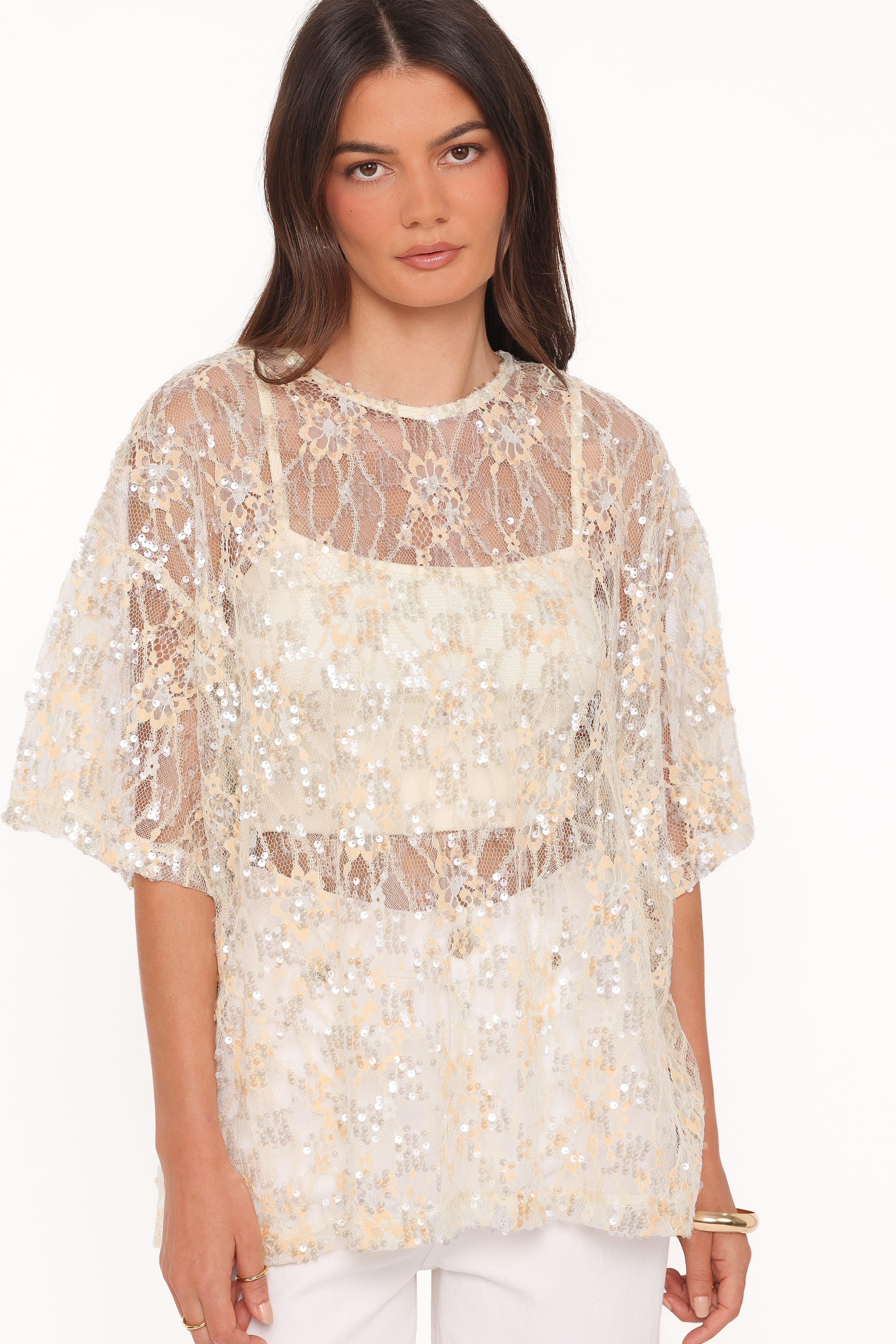 TOPS Yonder Sheer Lace Tee Top - Pale Yellow