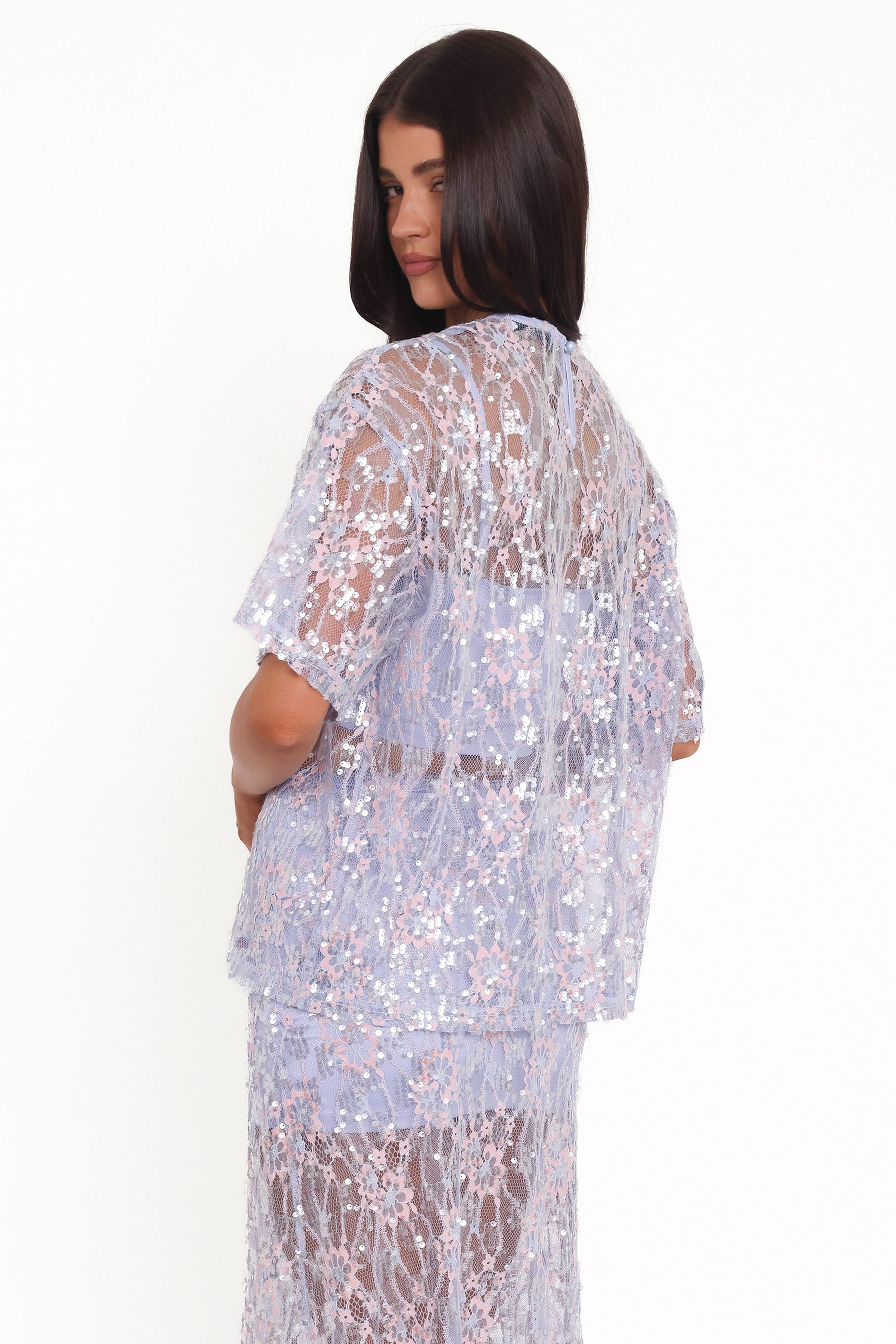 TOPS @Yonder Sheer Lace Tee Top - Purple