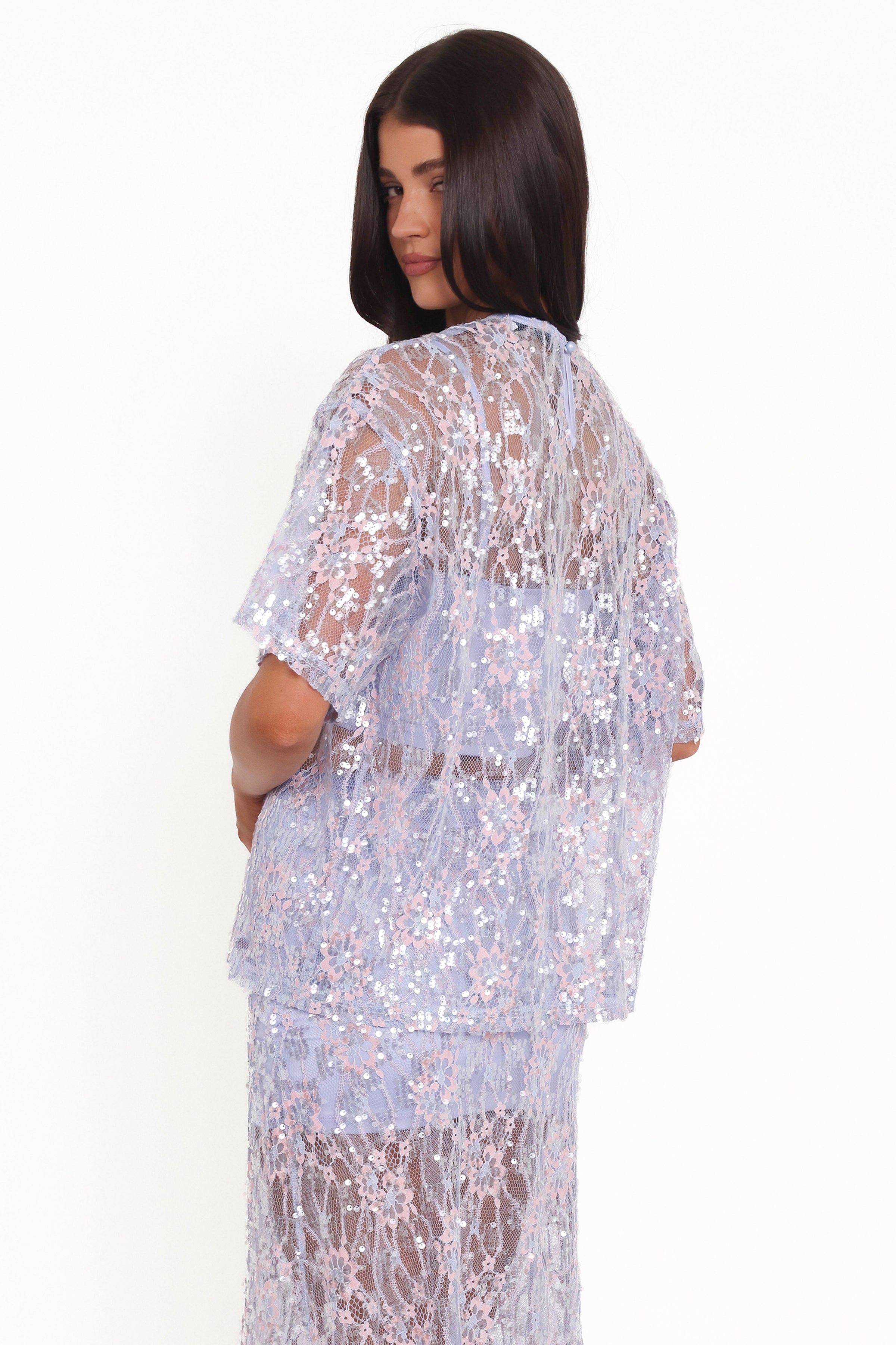 TOPS @Yonder Sheer Lace Tee Top - Purple