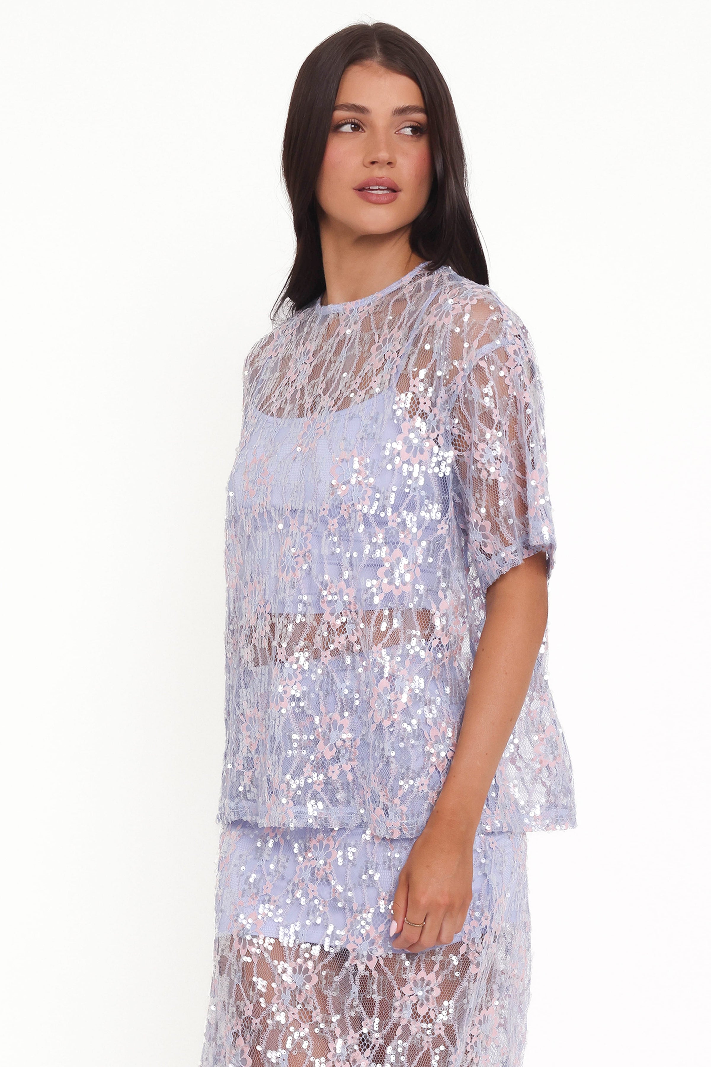 TOPS @Yonder Sheer Lace Tee Top - Purple