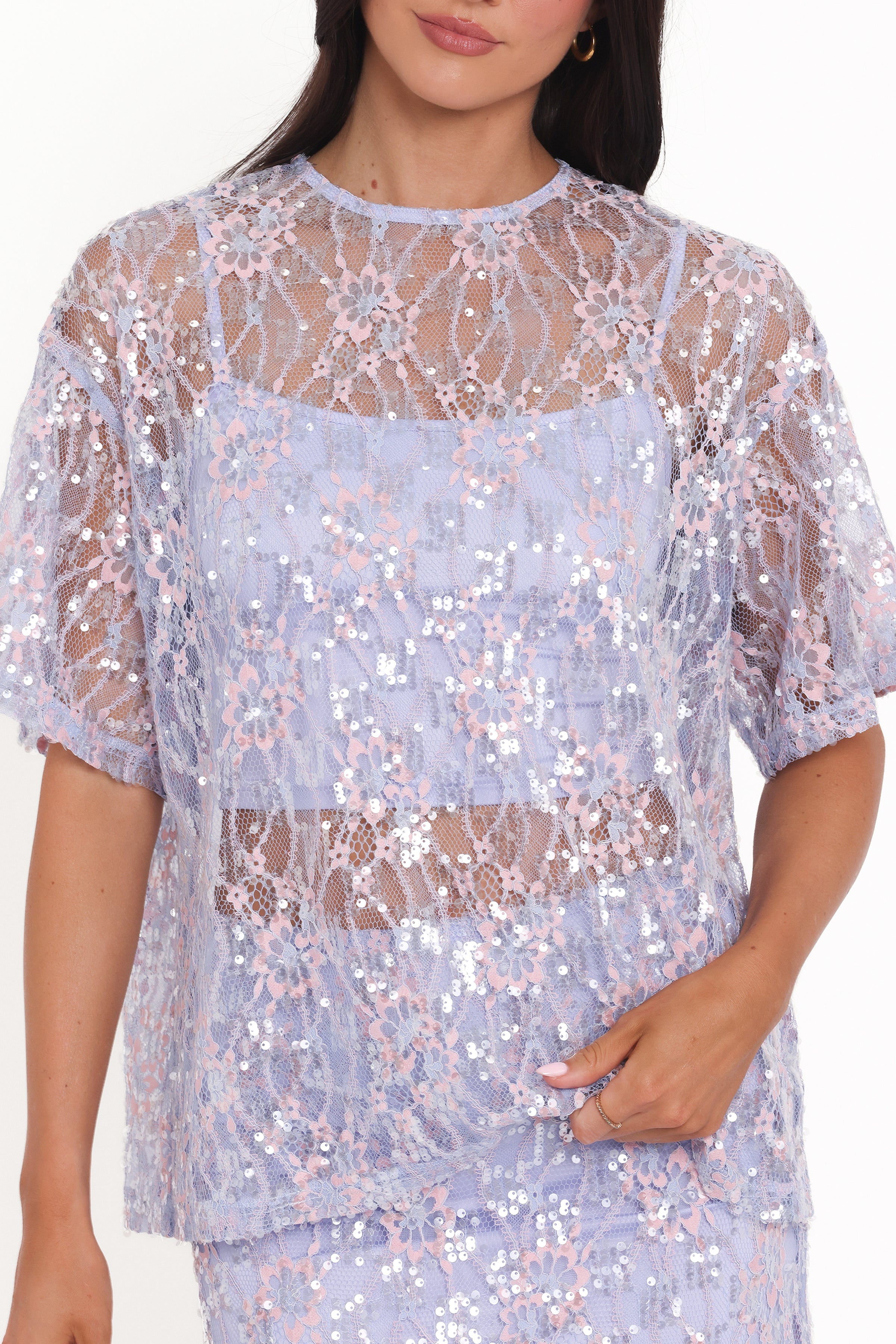 TOPS @Yonder Sheer Lace Tee Top - Purple