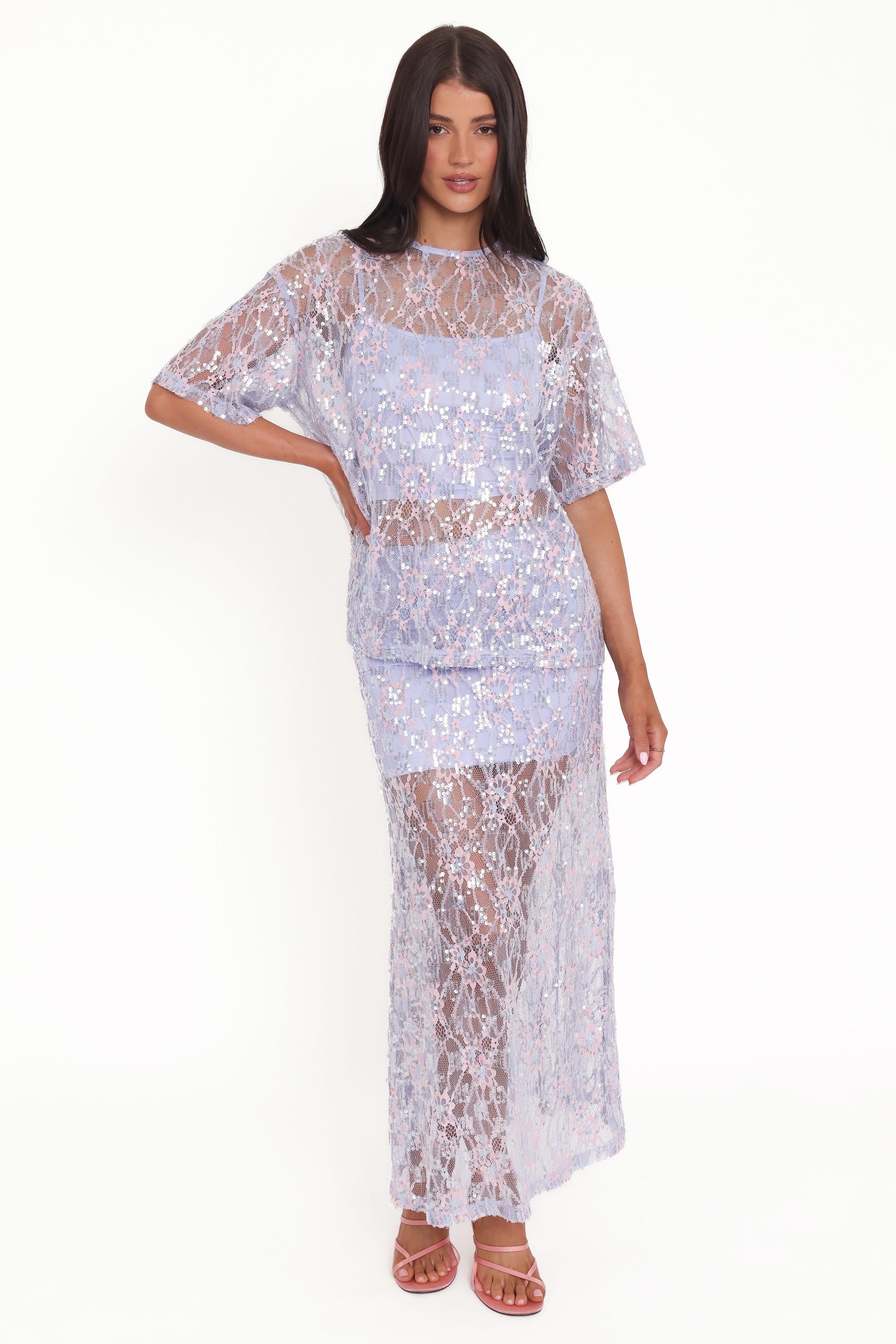 TOPS @Yonder Sheer Lace Tee Top - Purple