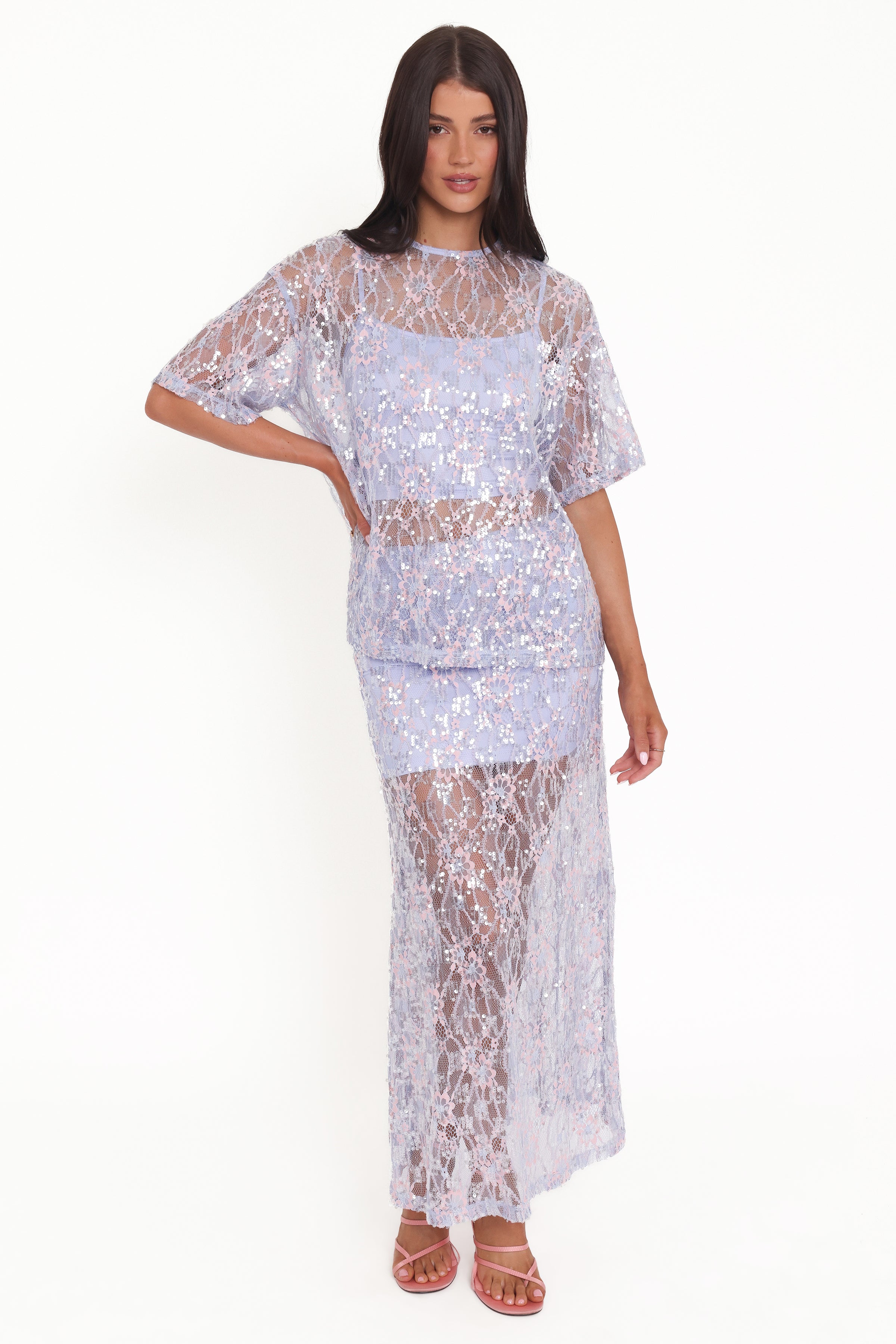 TOPS @Yonder Sheer Lace Tee Top - Purple