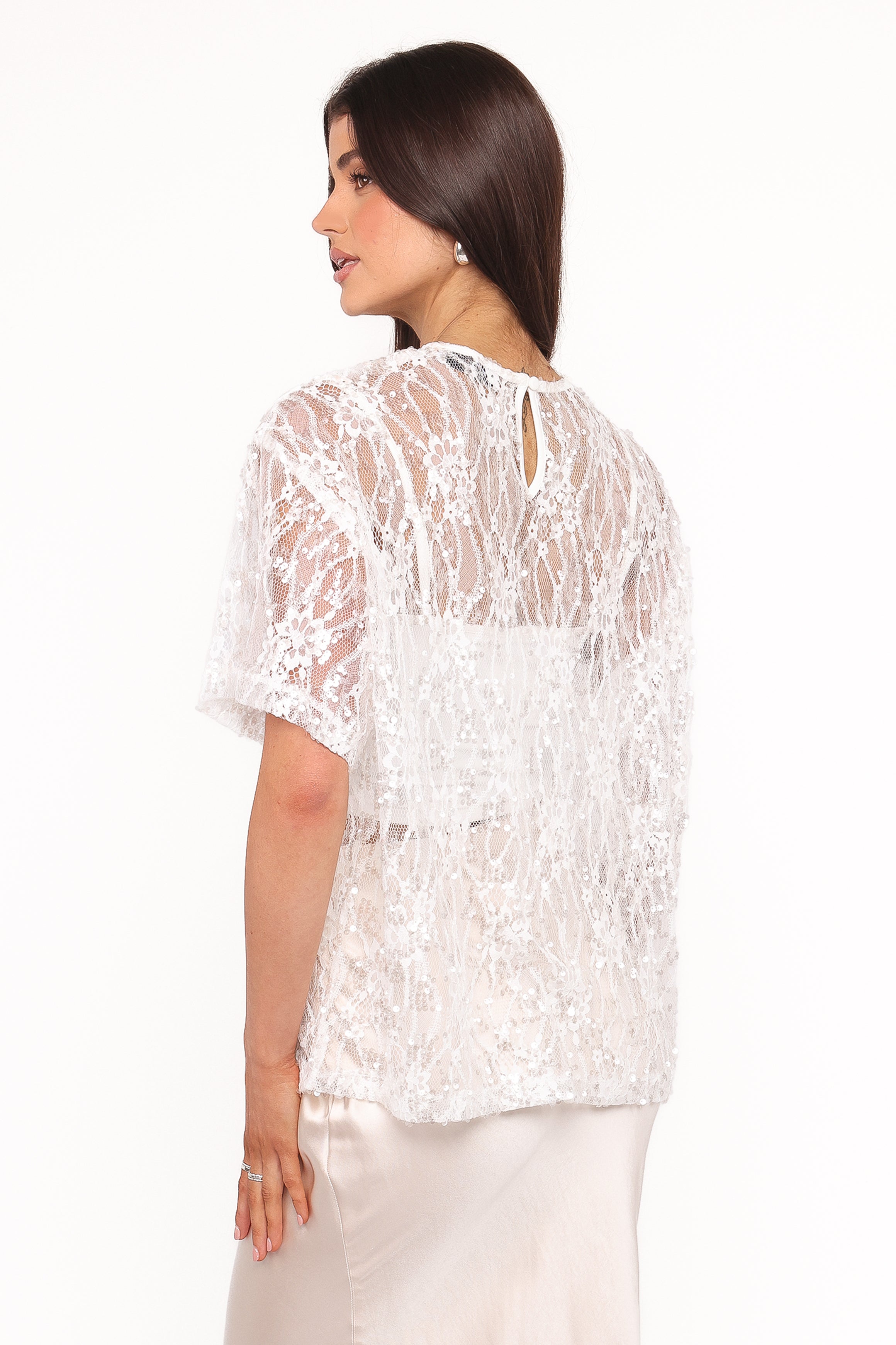 TOPS Yonder Sheer Lace Tee Top - White