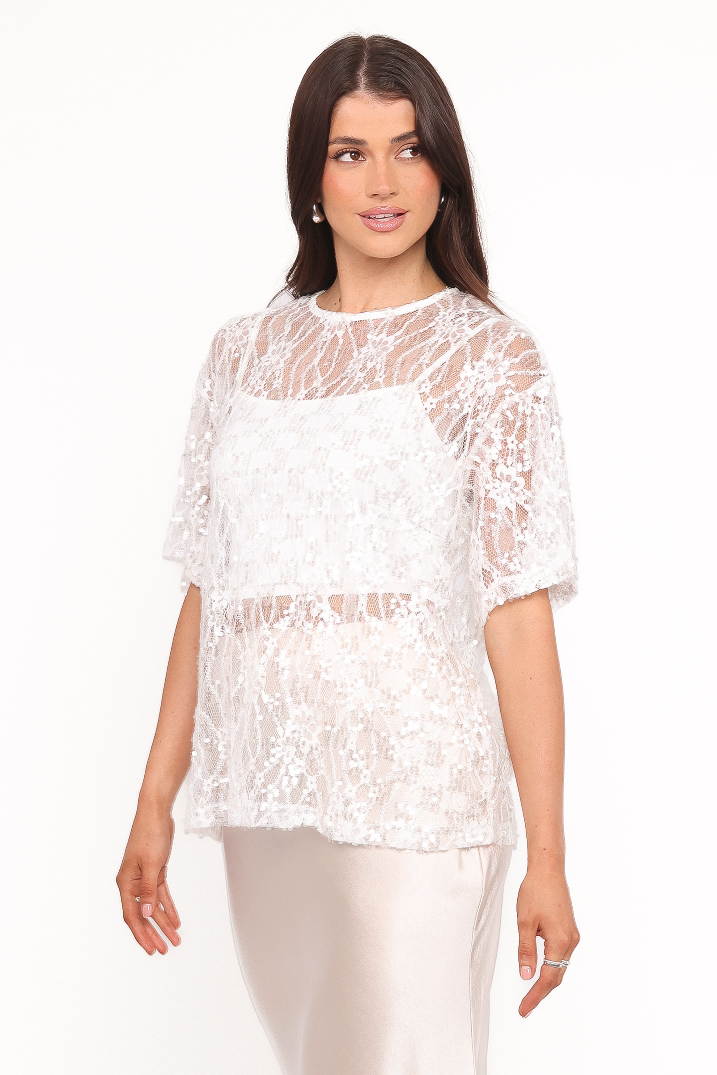 TOPS Yonder Sheer Lace Tee Top - White