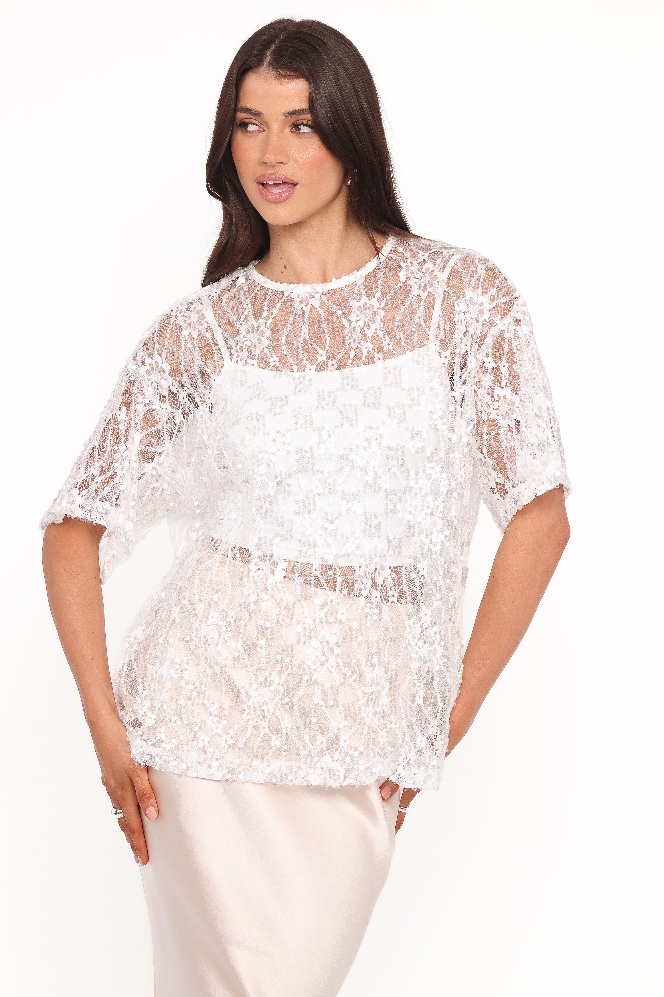 TOPS Yonder Sheer Lace Tee Top - White
