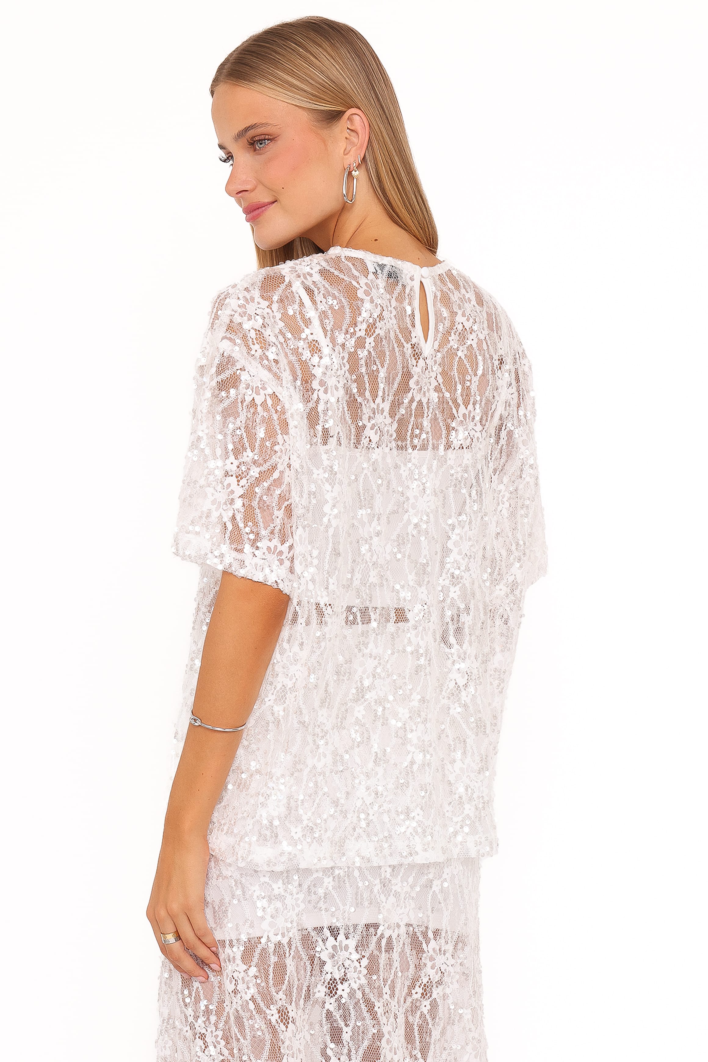 TOPS Yonder Sheer Lace Tee Top - White