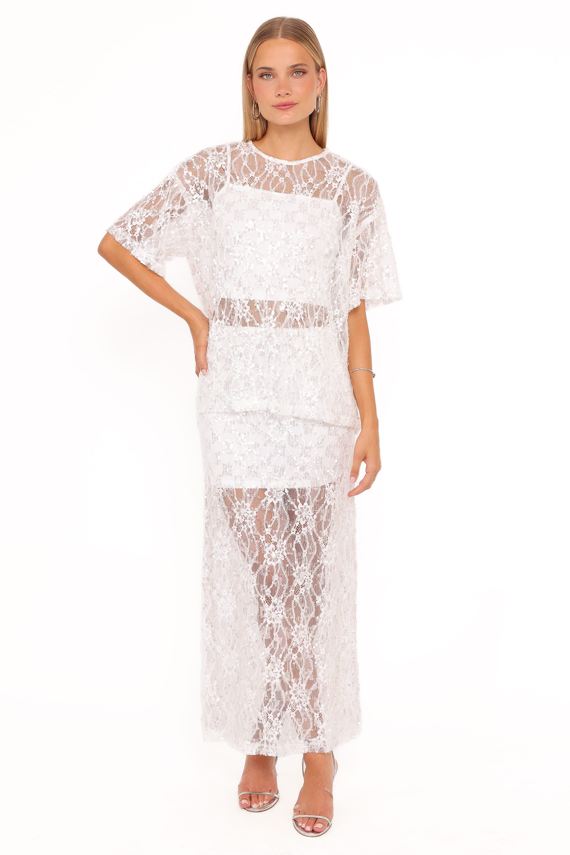 TOPS Yonder Sheer Lace Tee Top - White