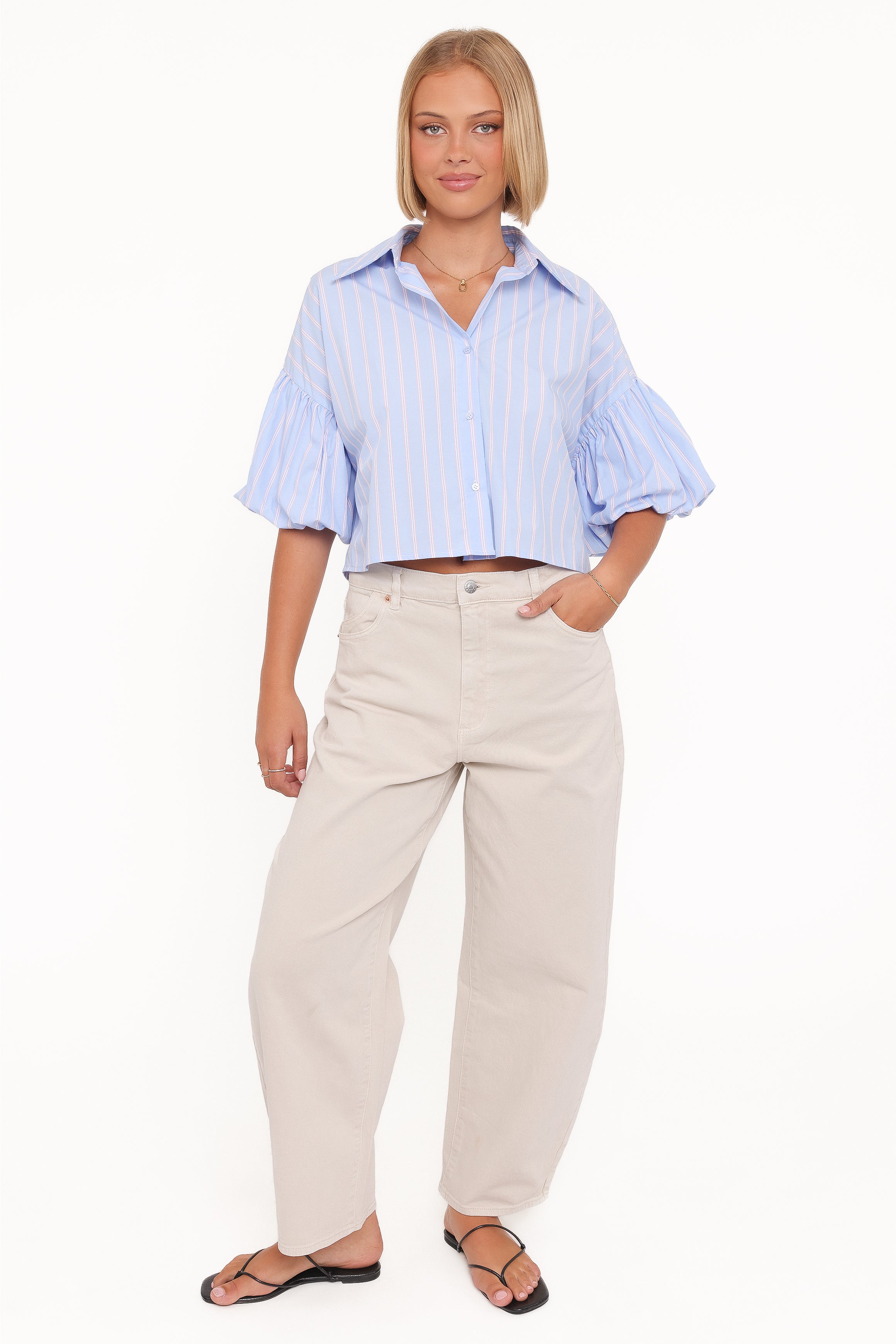 TOPS Zella Puff Sleeve Button Up Shirt - Blue White Stripe