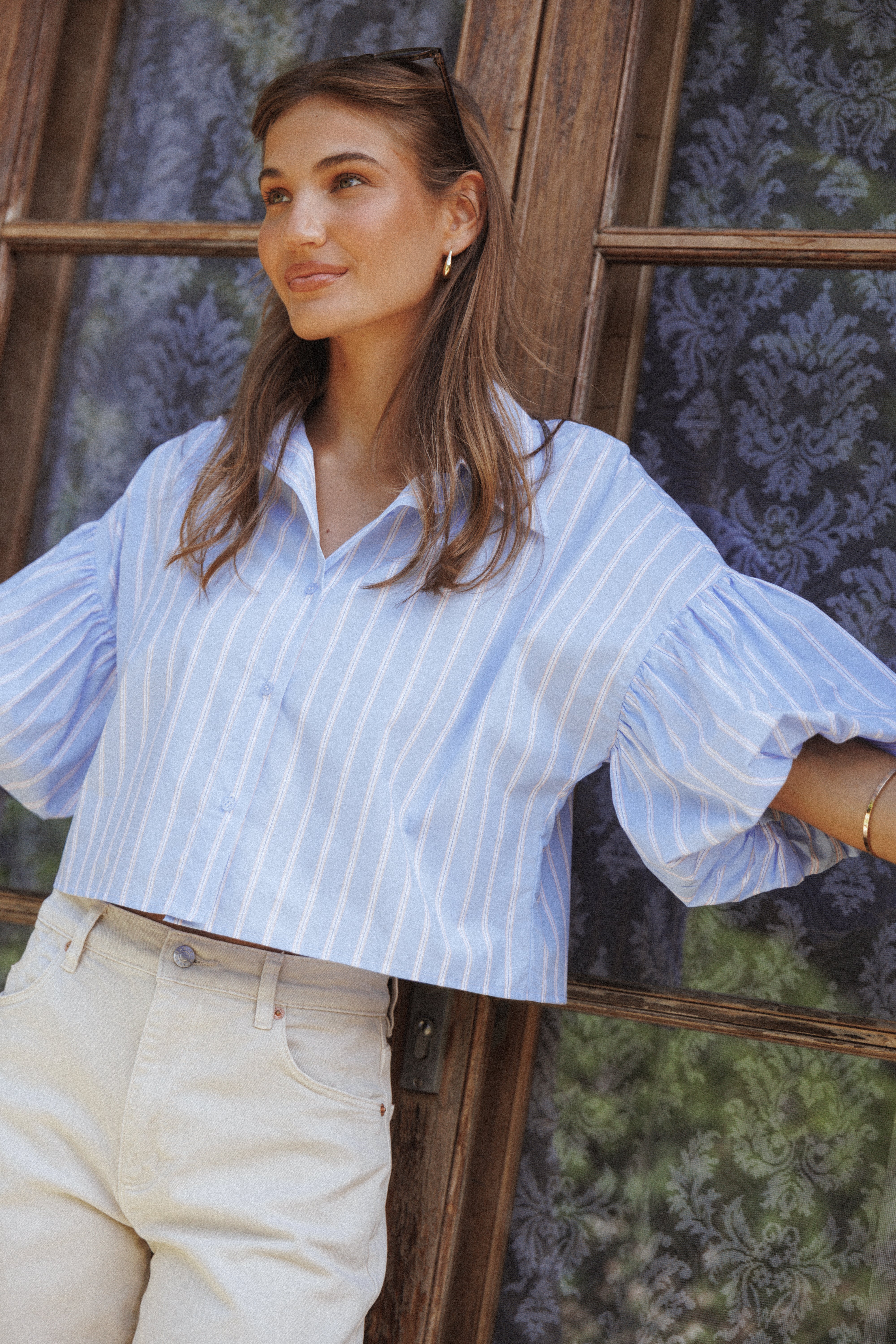 TOPS Zella Puff Sleeve Button Up Shirt - Blue White Stripe