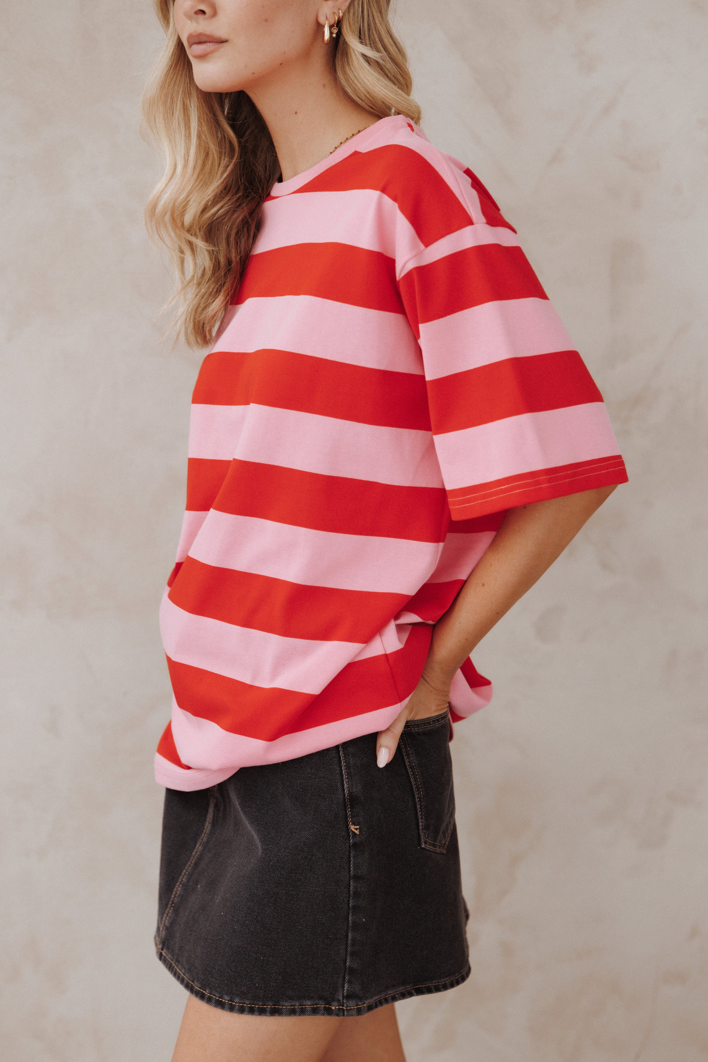 TOPS Zestora Tee - Red Pink Stripe