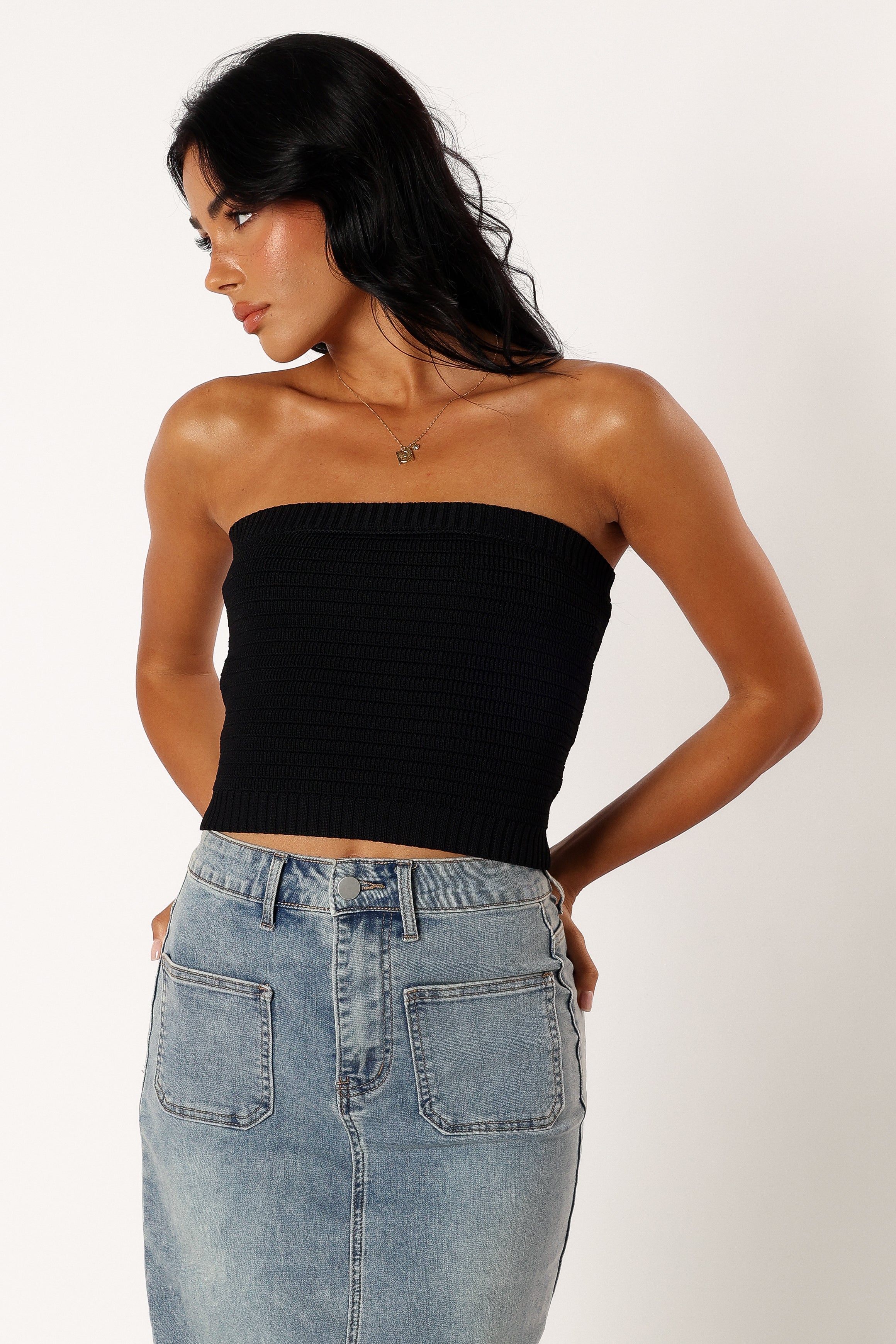 TOPS @Zia Strapless Knit Top - Black