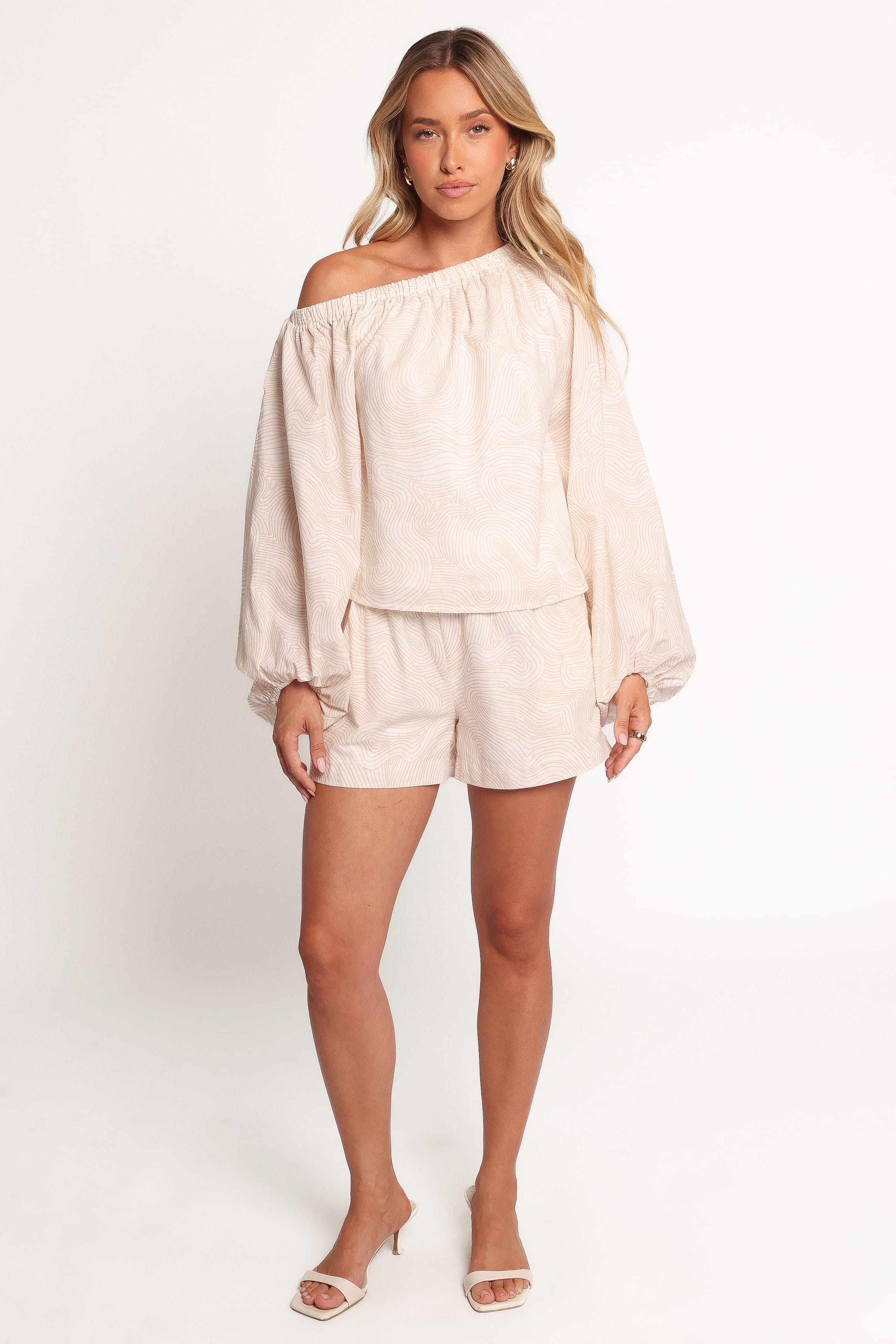 TOPS Zion Off Shoulder Long Sleeve Top - Tan Swirl