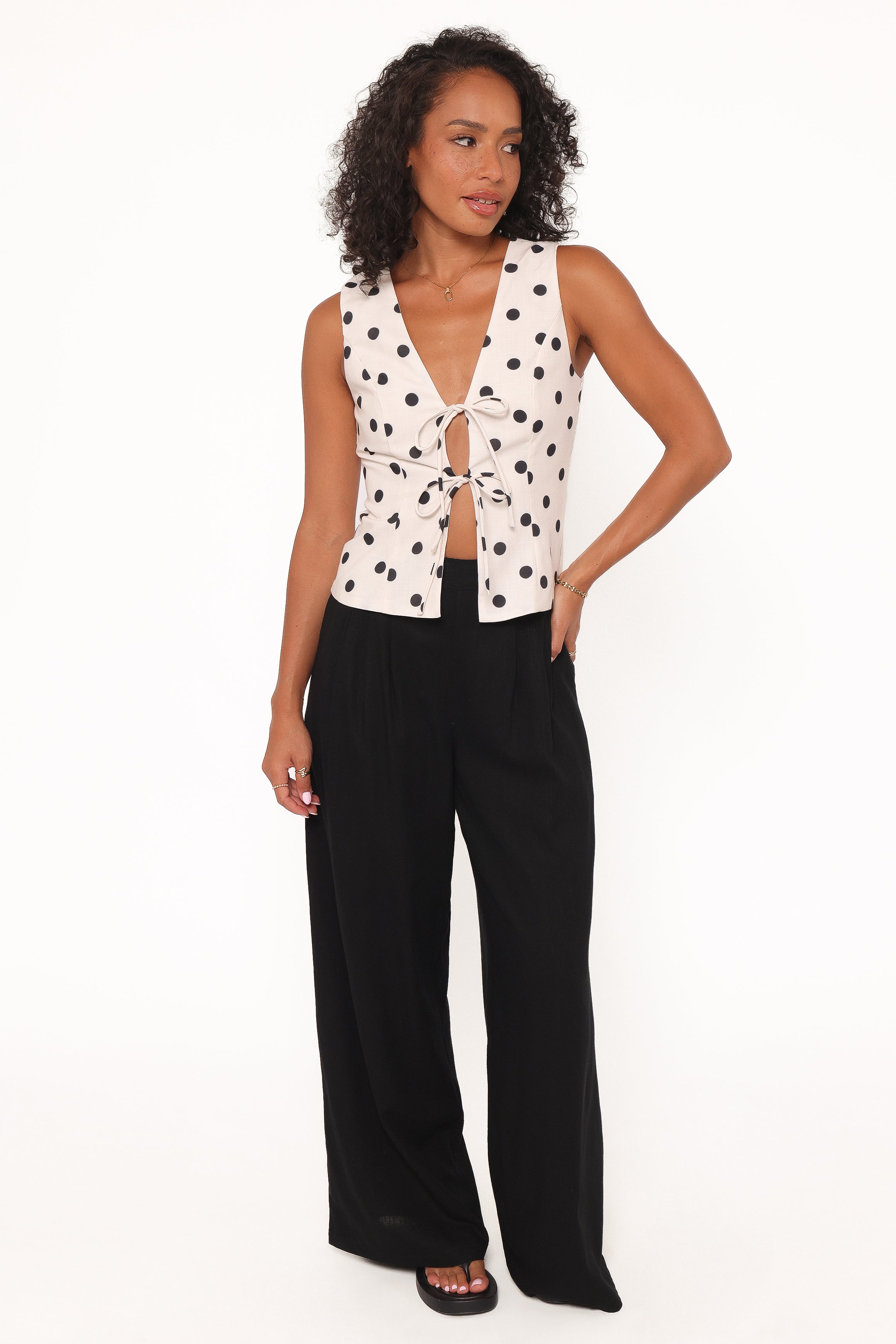 TOPS Zoie Tie Front Vest - Cream Polka Dot