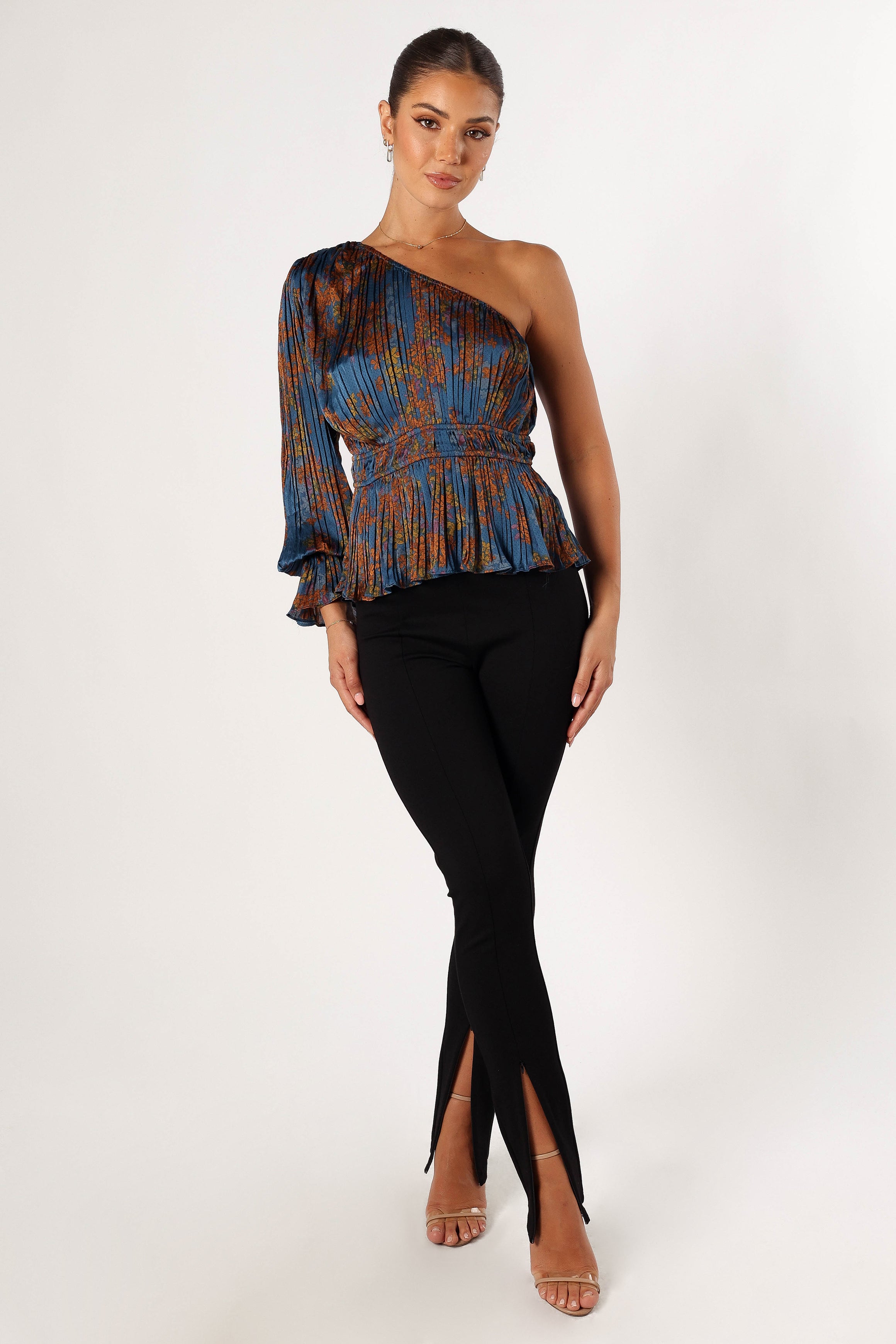 TOPS @Zora One Shoulder Top - Teal/Mustard