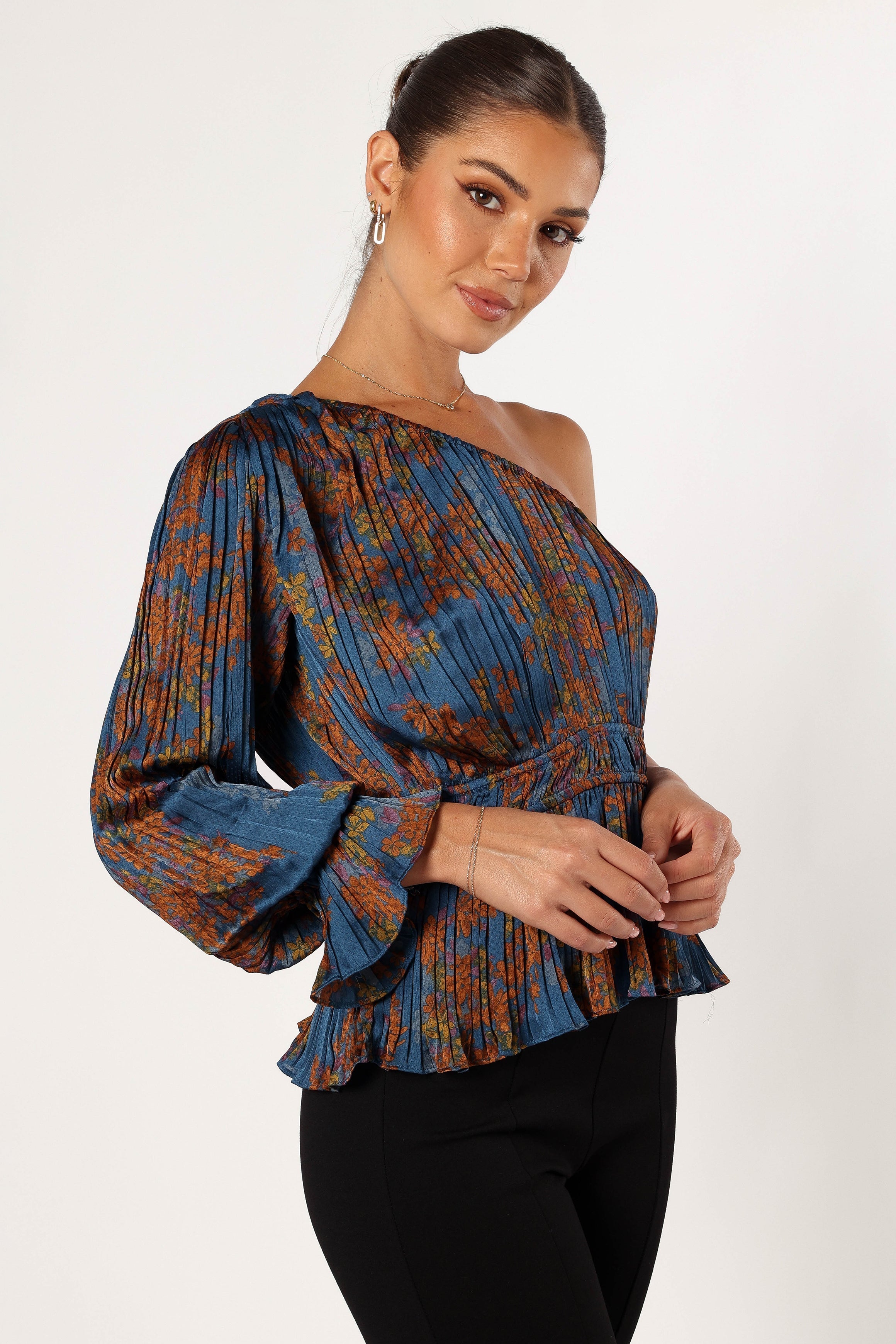 TOPS @Zora One Shoulder Top - Teal/Mustard