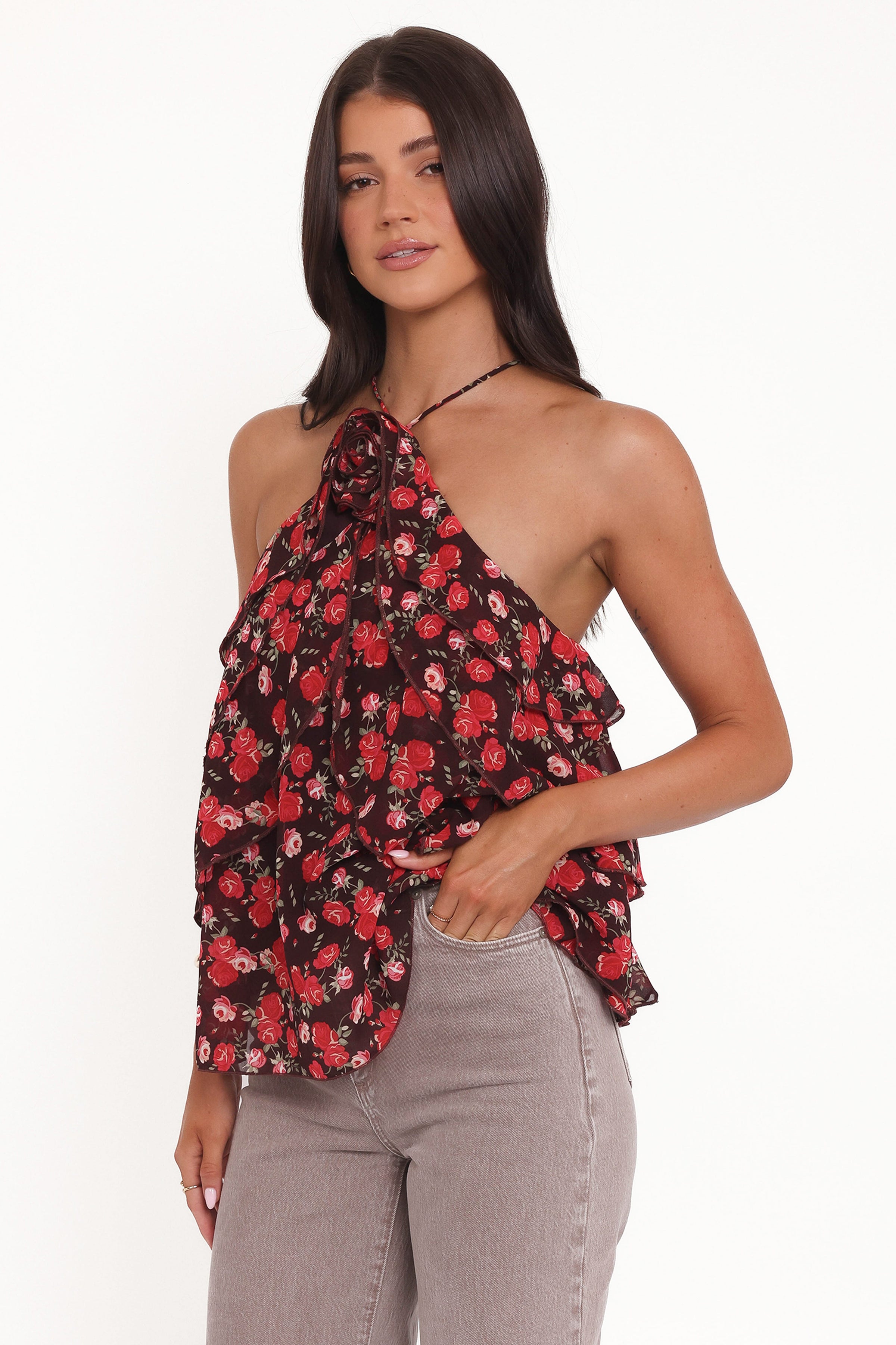 TOPS Zorina Halter Neck Chiffon Top - Brown Floral