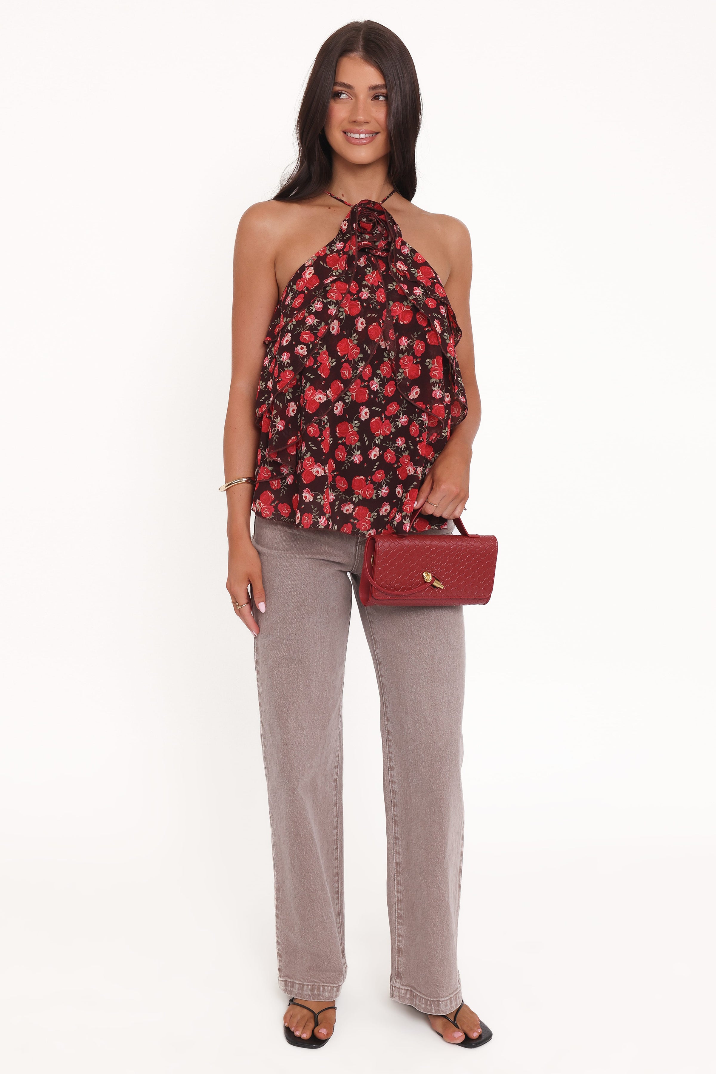 TOPS Zorina Halter Neck Chiffon Top - Brown Floral