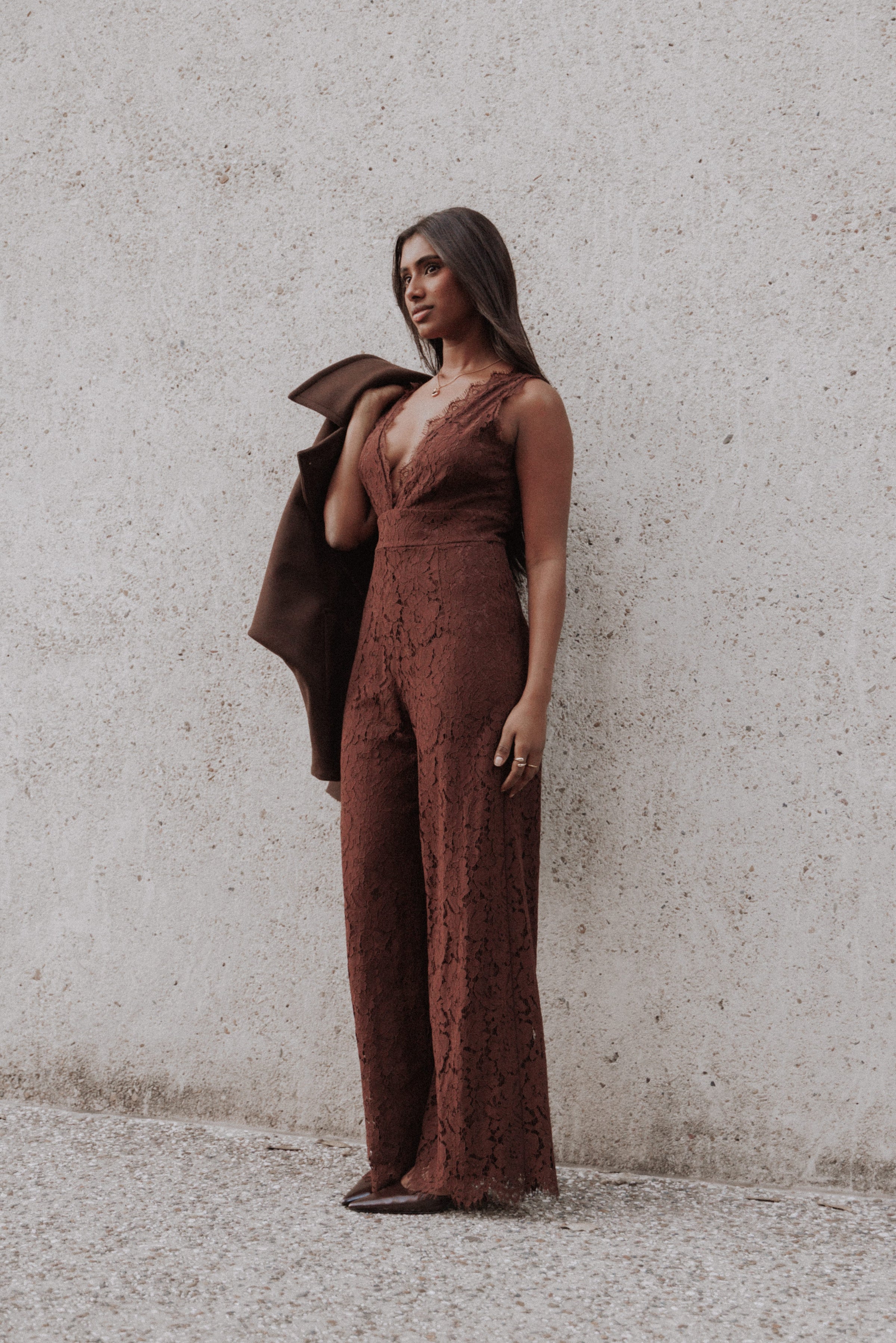 PLAYSUITS Eloise Lace Jumpsuit - Chocolate Brown