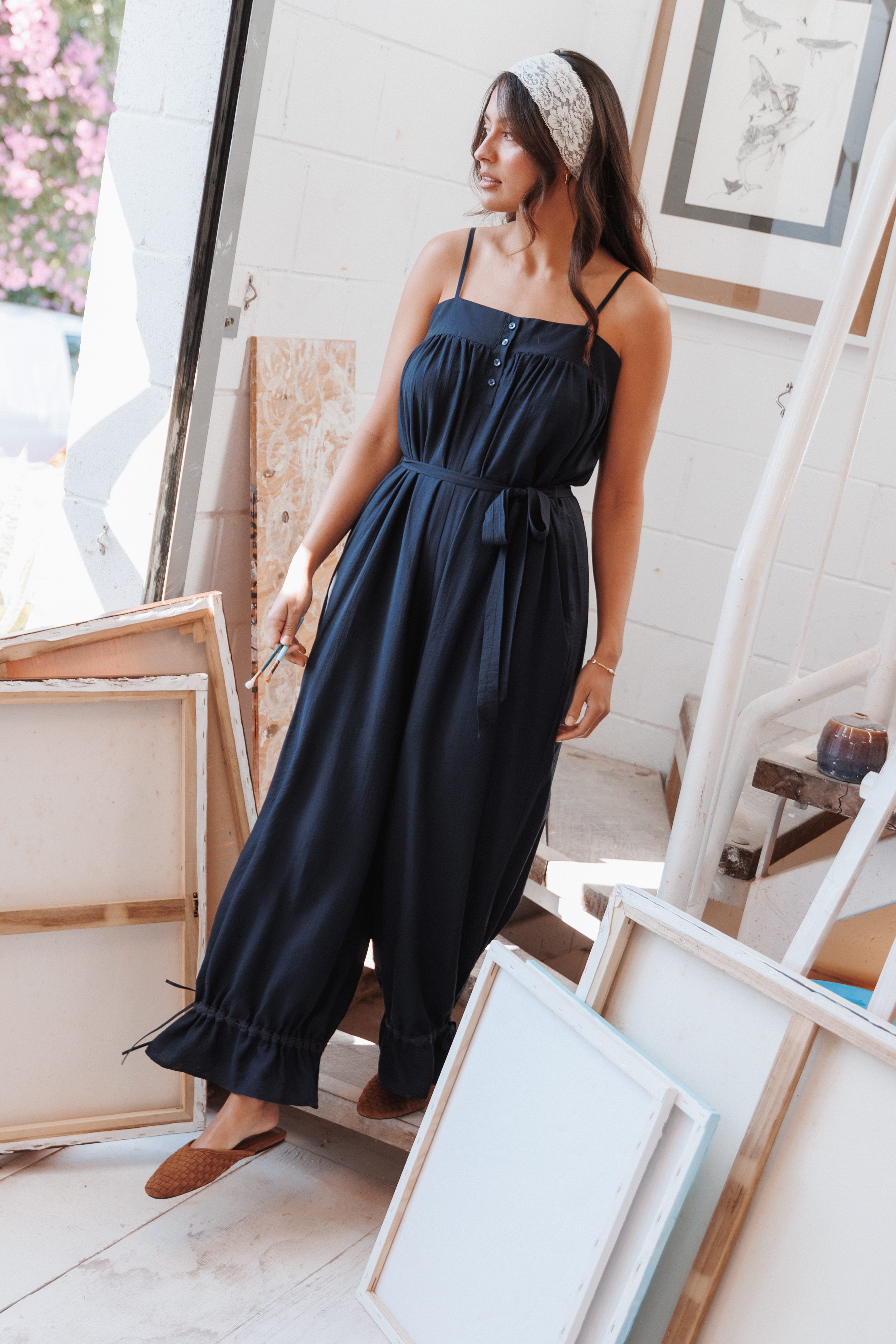PLAYSUITS Gretal Tie Waist Jumpsuit - Navy