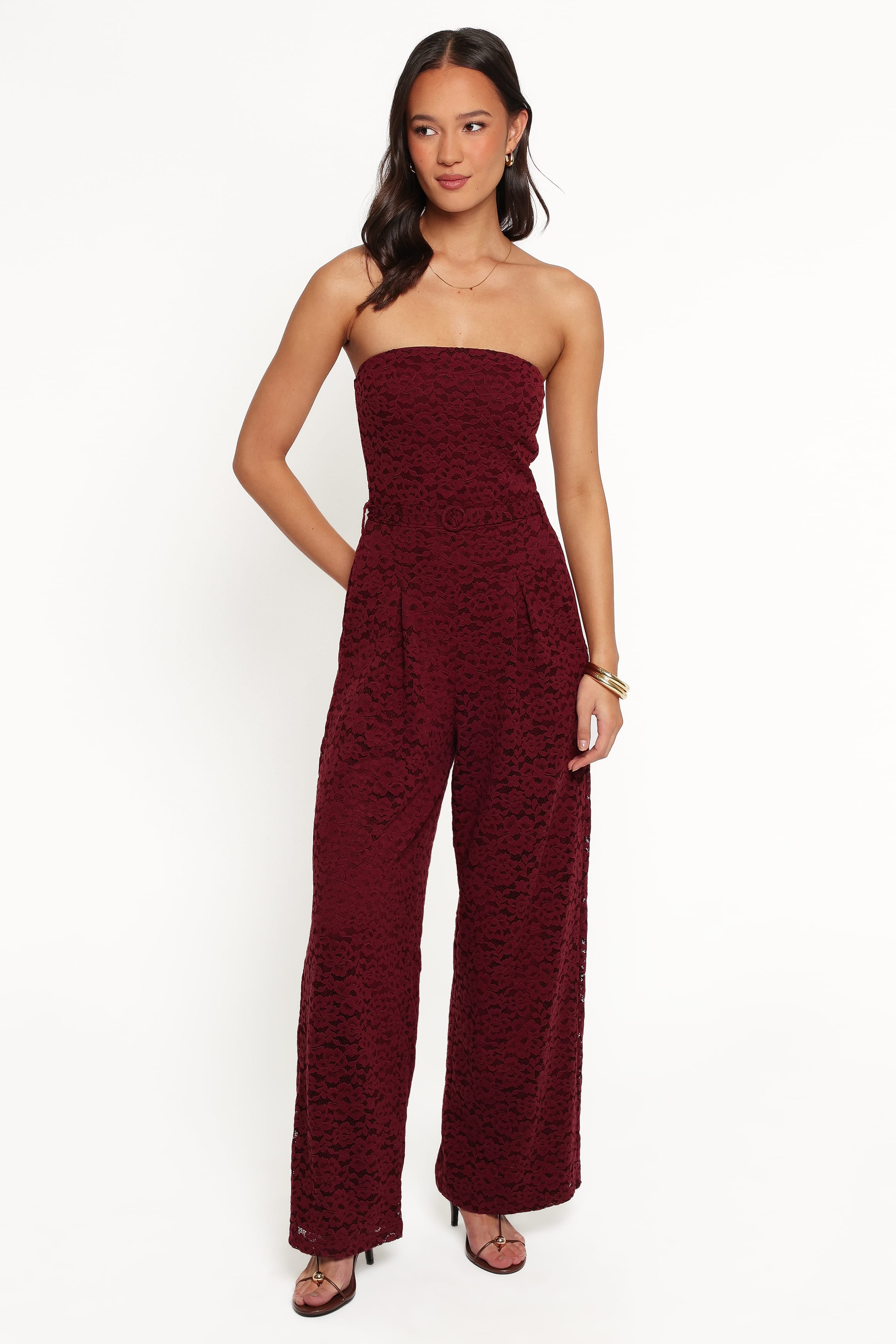 PLAYSUITS Harlie Strapless Lace Jumpsuit - Burgundy