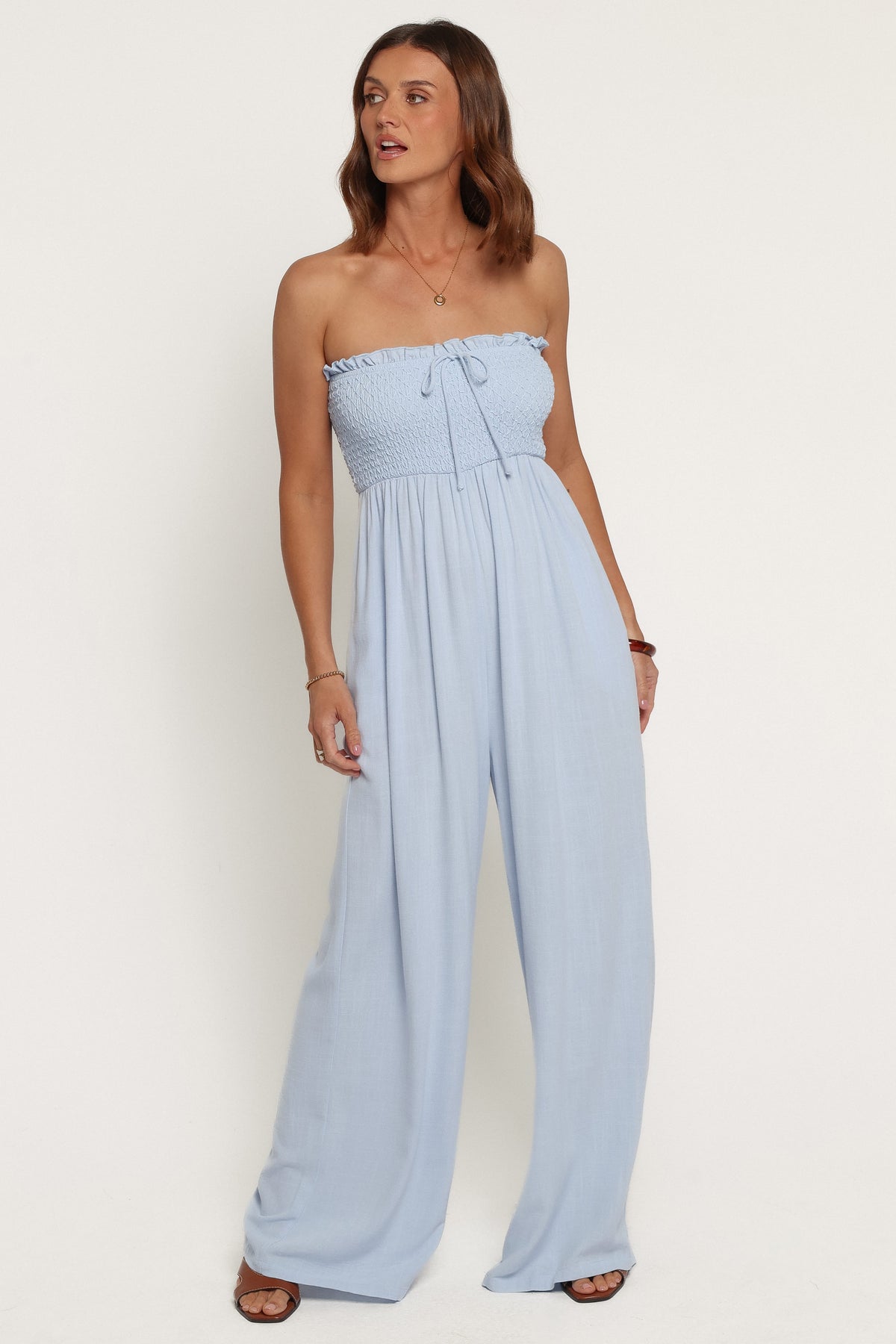 PLAYSUITS Indie Wide Leg Smocked Jumpsuit - Light Blue