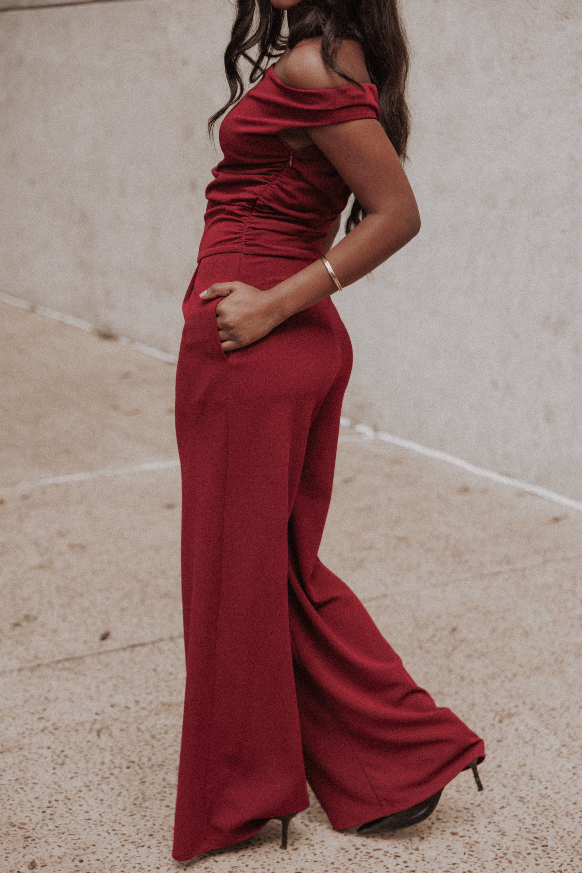 PLAYSUITS Kassidy Off Shoulder Jumpsuit - Burgundy
