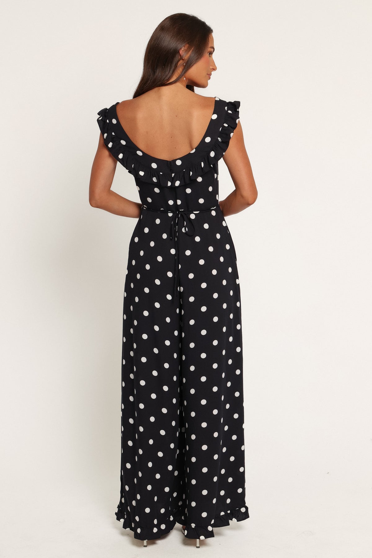 PLAYSUITS Nikki Frill Neck Jumpsuit - Black Polka Dot