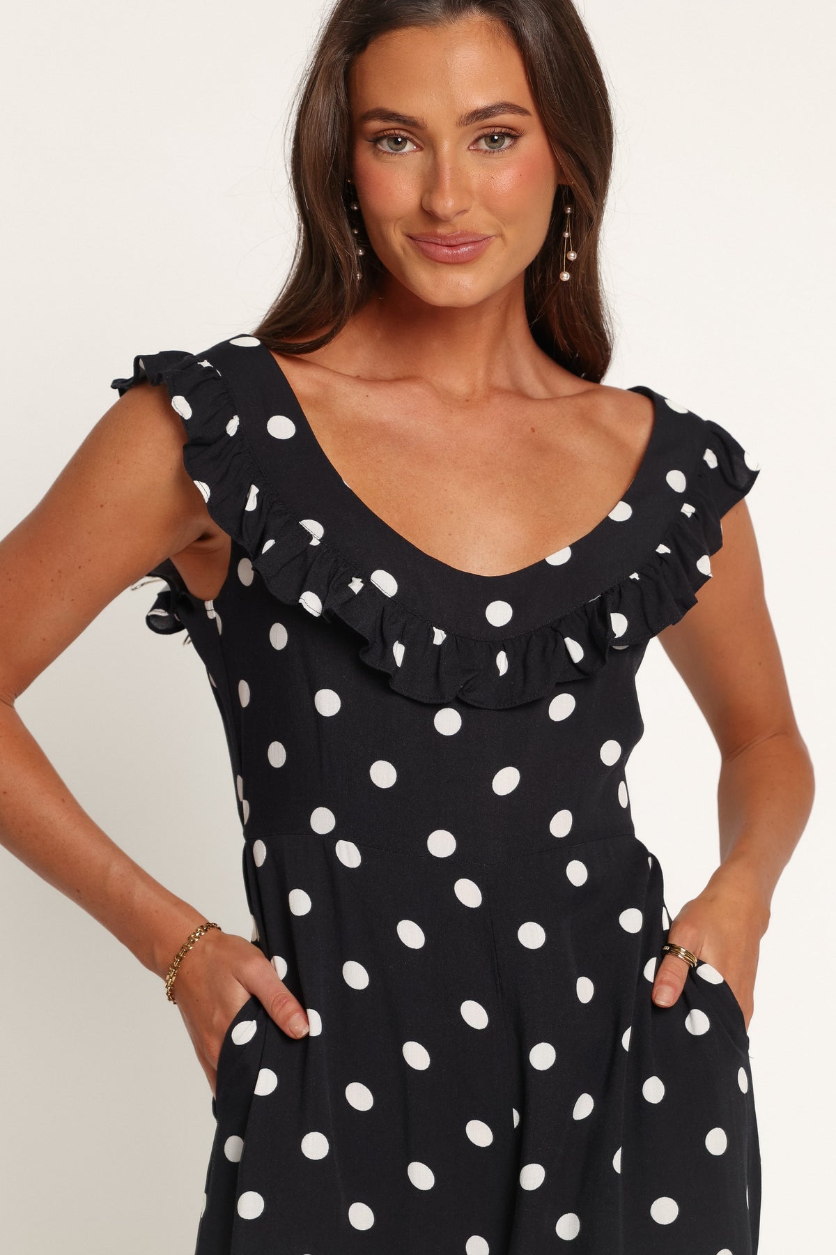 PLAYSUITS Nikki Frill Neck Jumpsuit - Black Polka Dot
