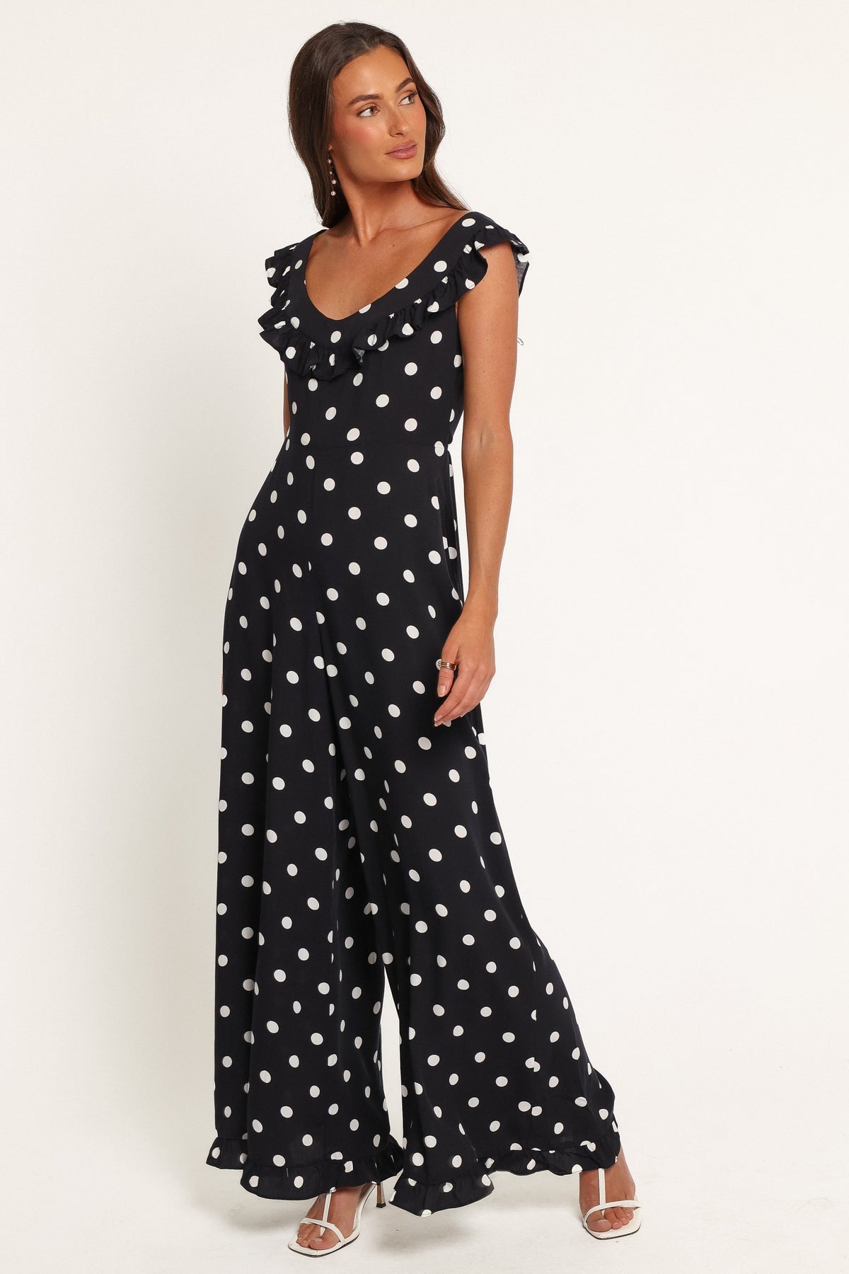 PLAYSUITS Nikki Frill Neck Jumpsuit - Black Polka Dot