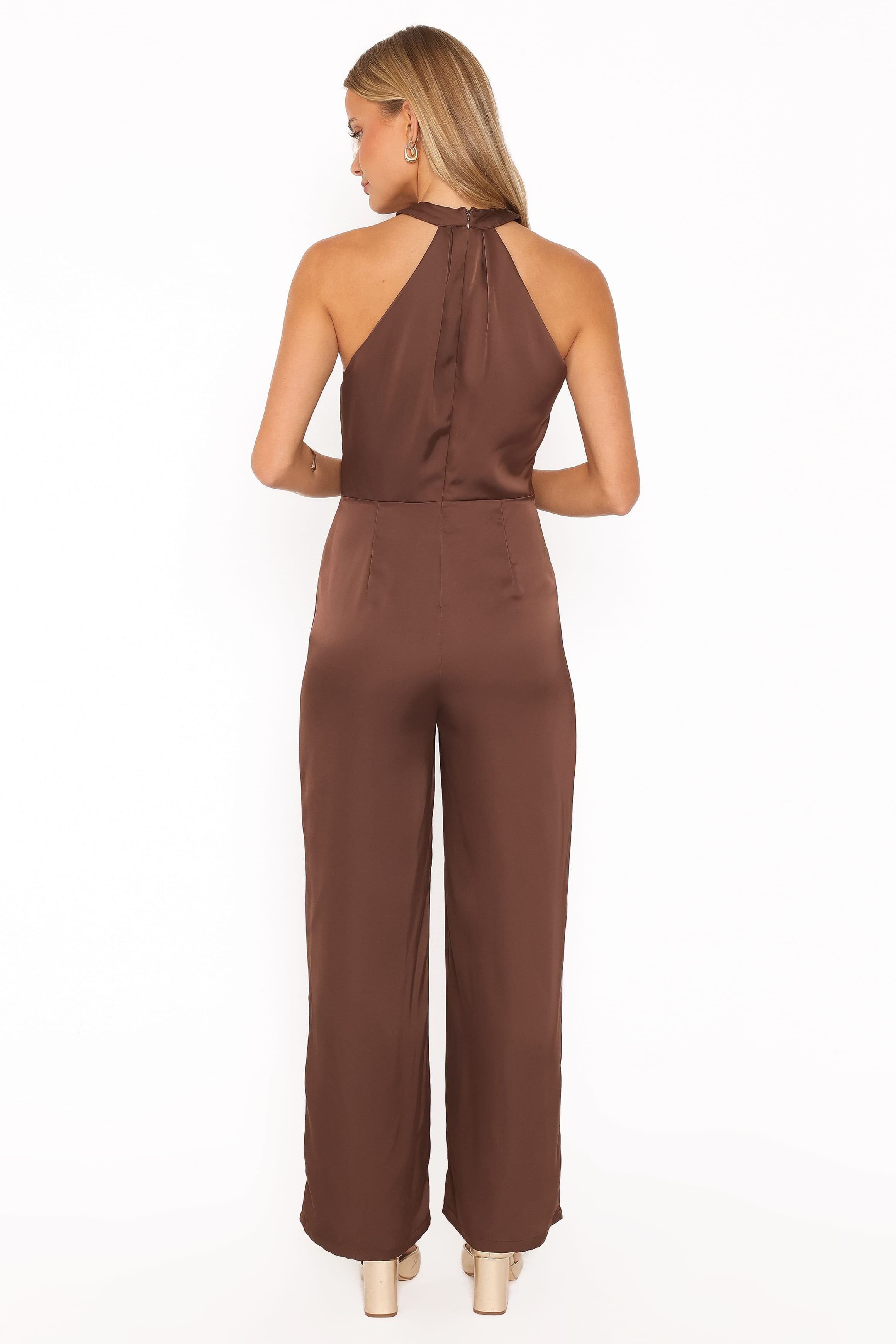PLAYSUITS Saskia Halter Neck Satin Jumpsuit - Chocolate Brown