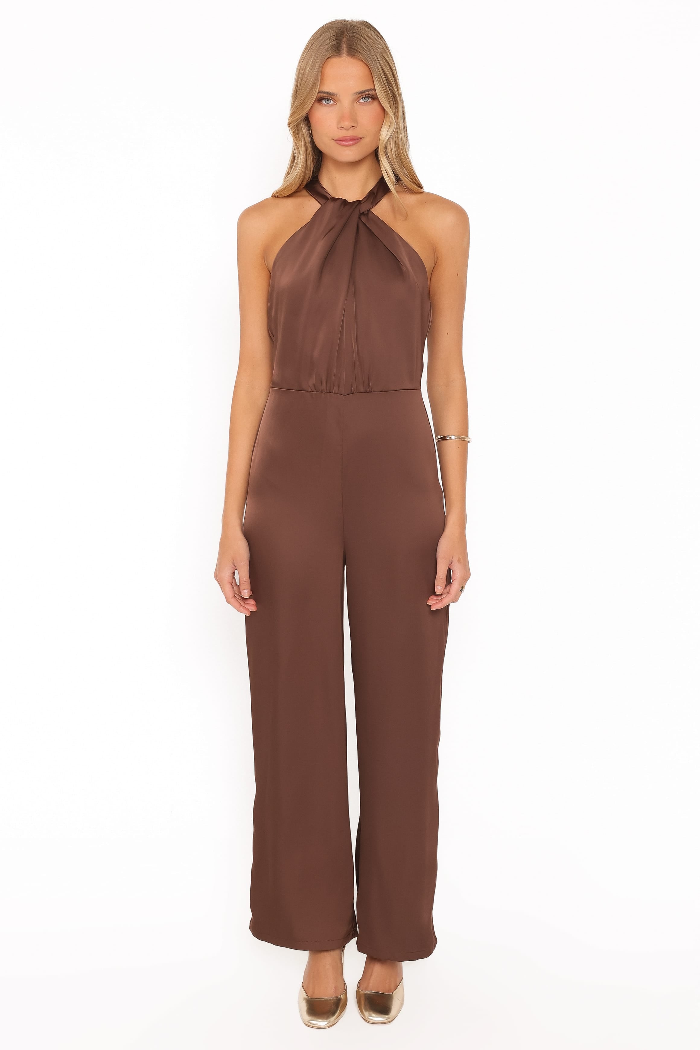 PLAYSUITS Saskia Halter Neck Satin Jumpsuit - Chocolate Brown
