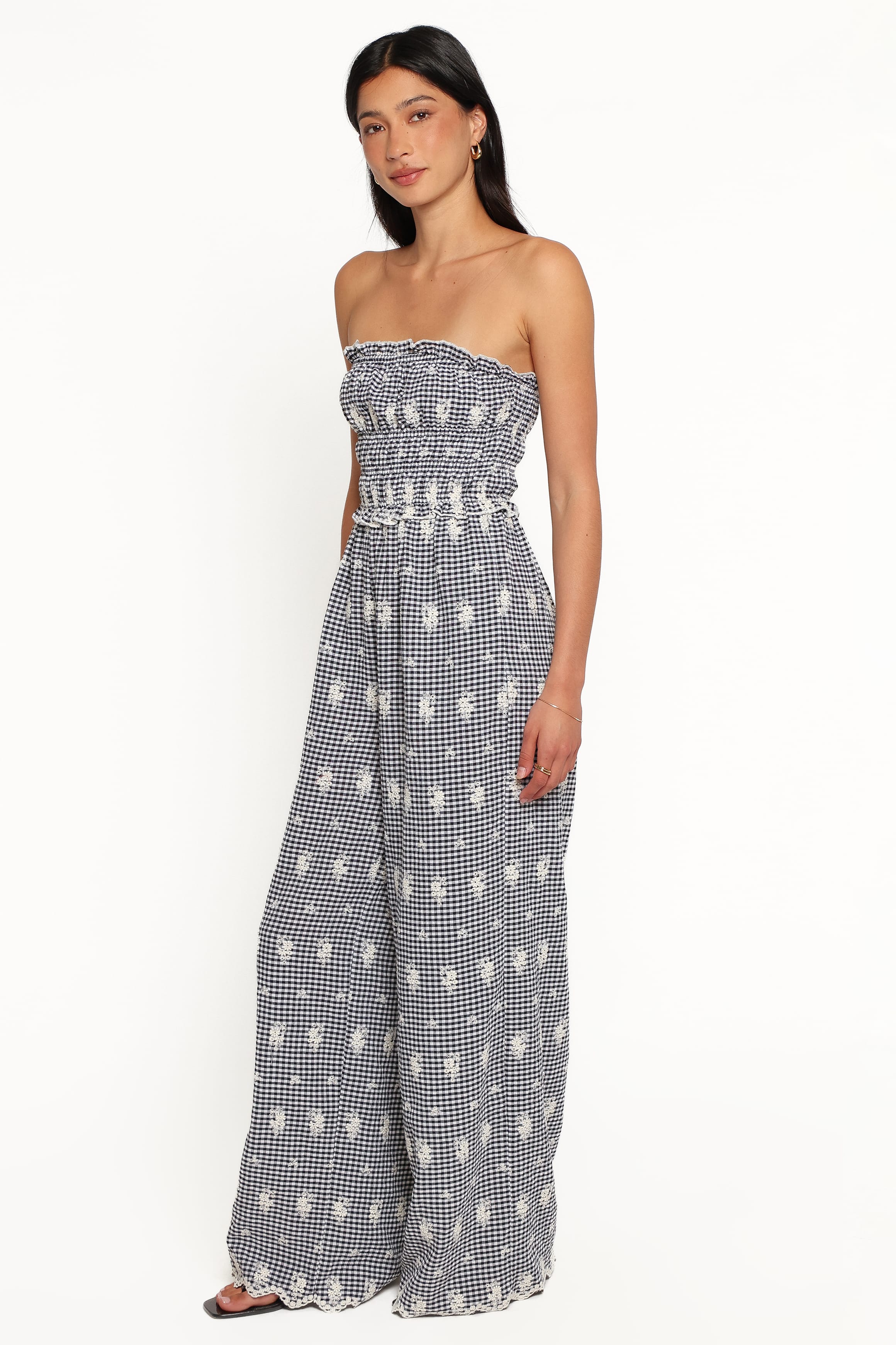 PLAYSUITS Yulissa Strapless Jumpsuit - Black Gingham Broderie