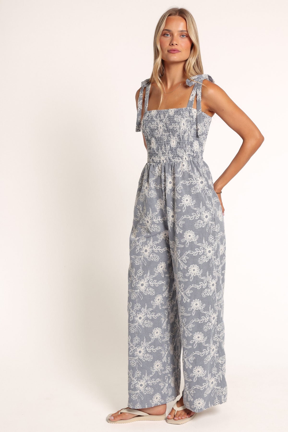 PLAYSUITS Zorren Tie Strap Jumpsuit - Black Gingham Broderie