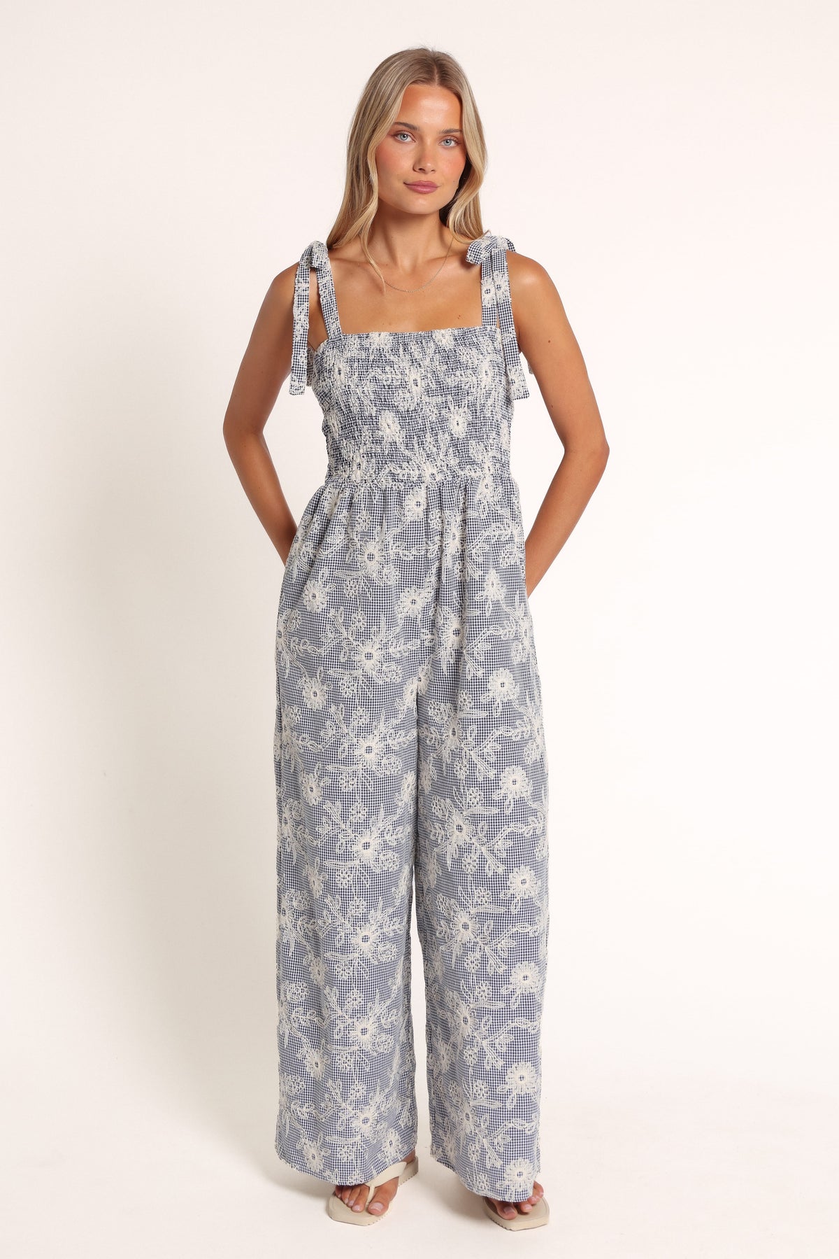 PLAYSUITS Zorren Tie Strap Jumpsuit - Black Gingham Broderie