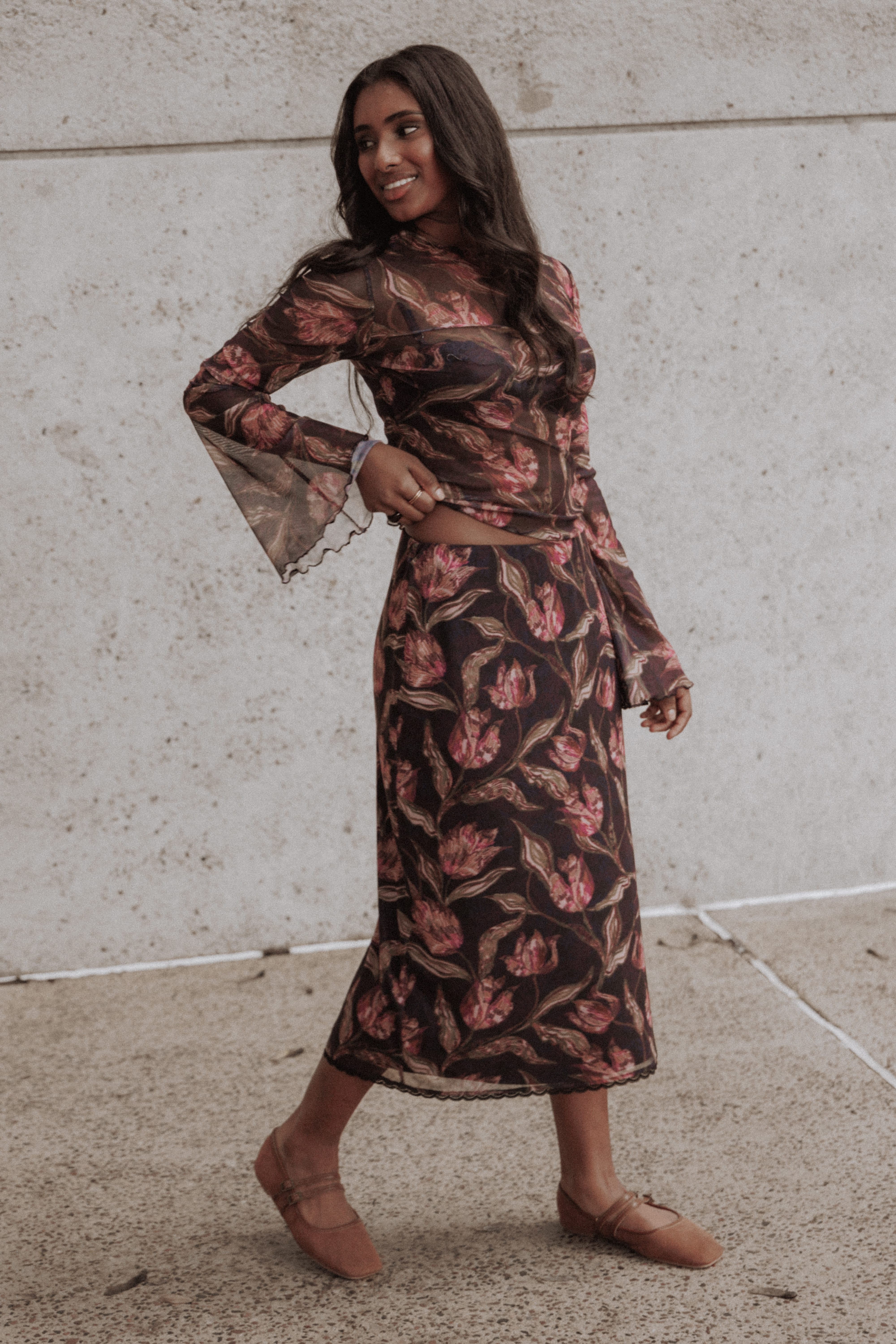 SETS Steele Mesh Skirt Set - Dark Plum Floral