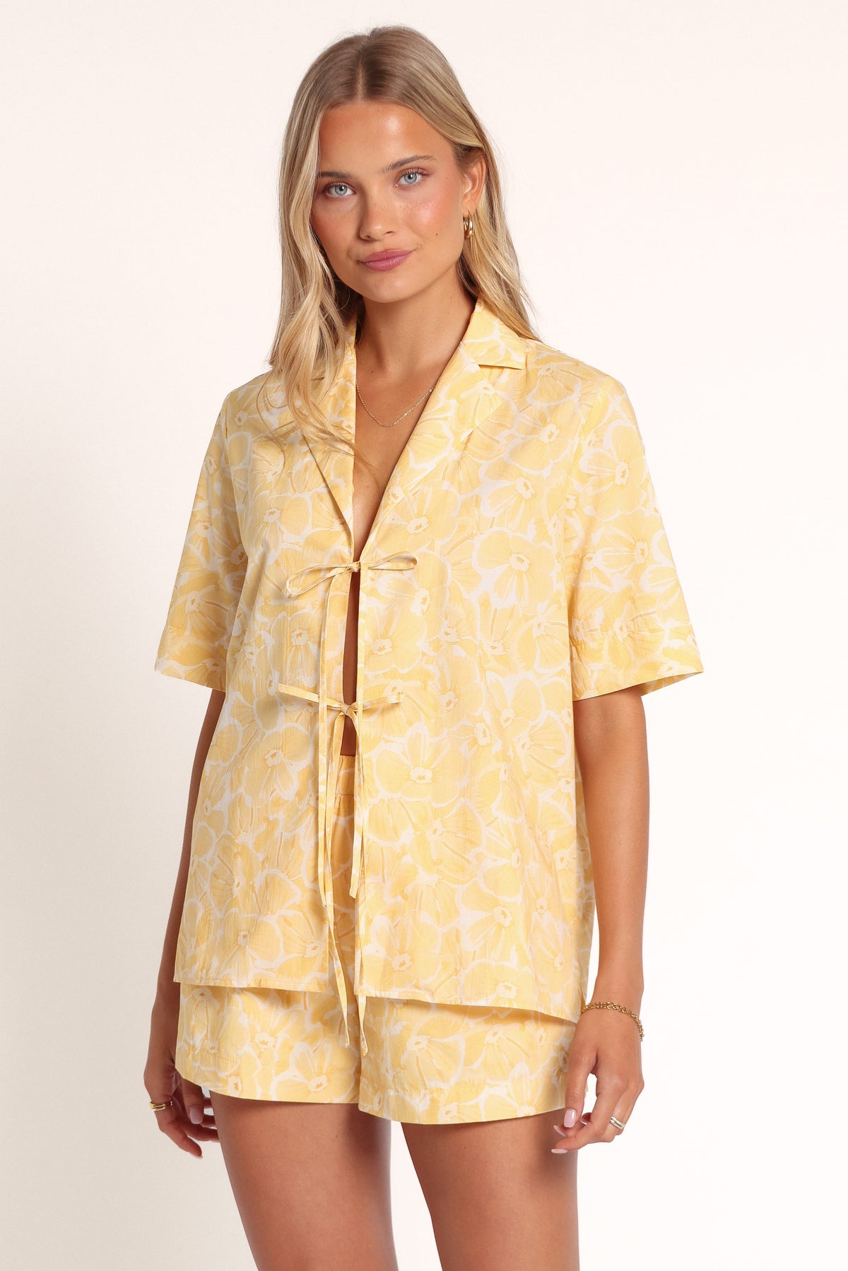 TOPS Aaliyah Cotton Tie Front Top - Yellow Floral