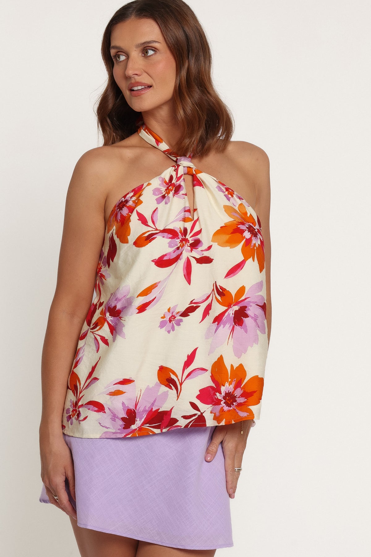 TOPS Adriane Halter Top - Orange Pink Floral