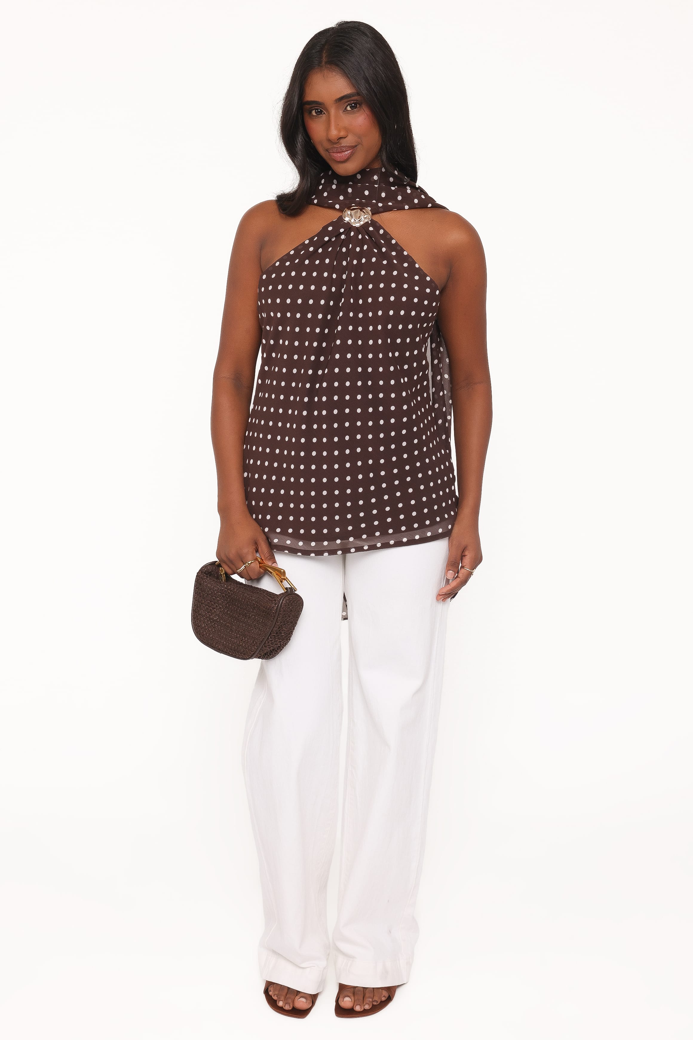 TOPS Beline Halter Top With Scarf - Brown Dot