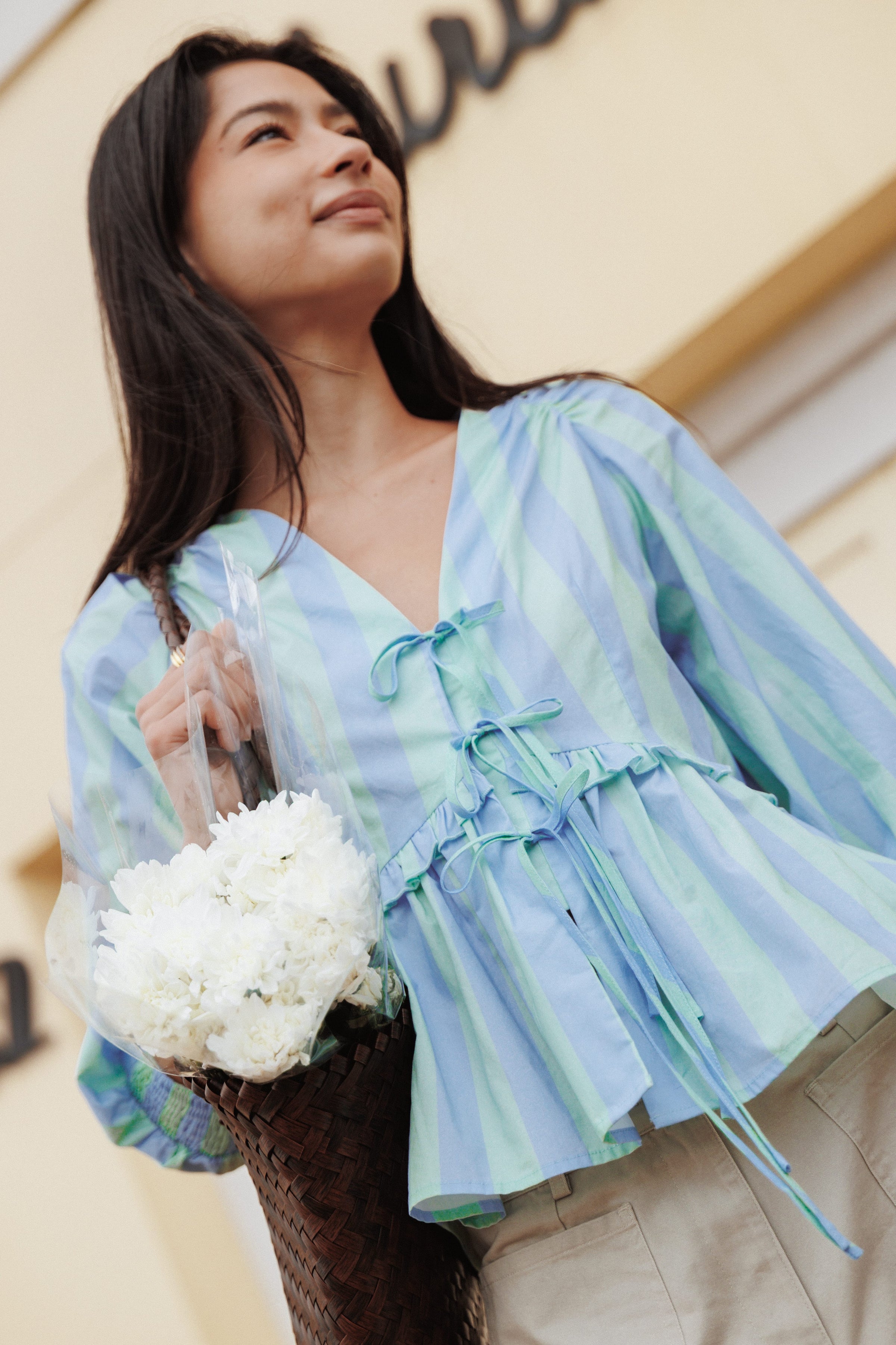 TOPS Benny Puff Sleeve Top - Green/Blue Stripe