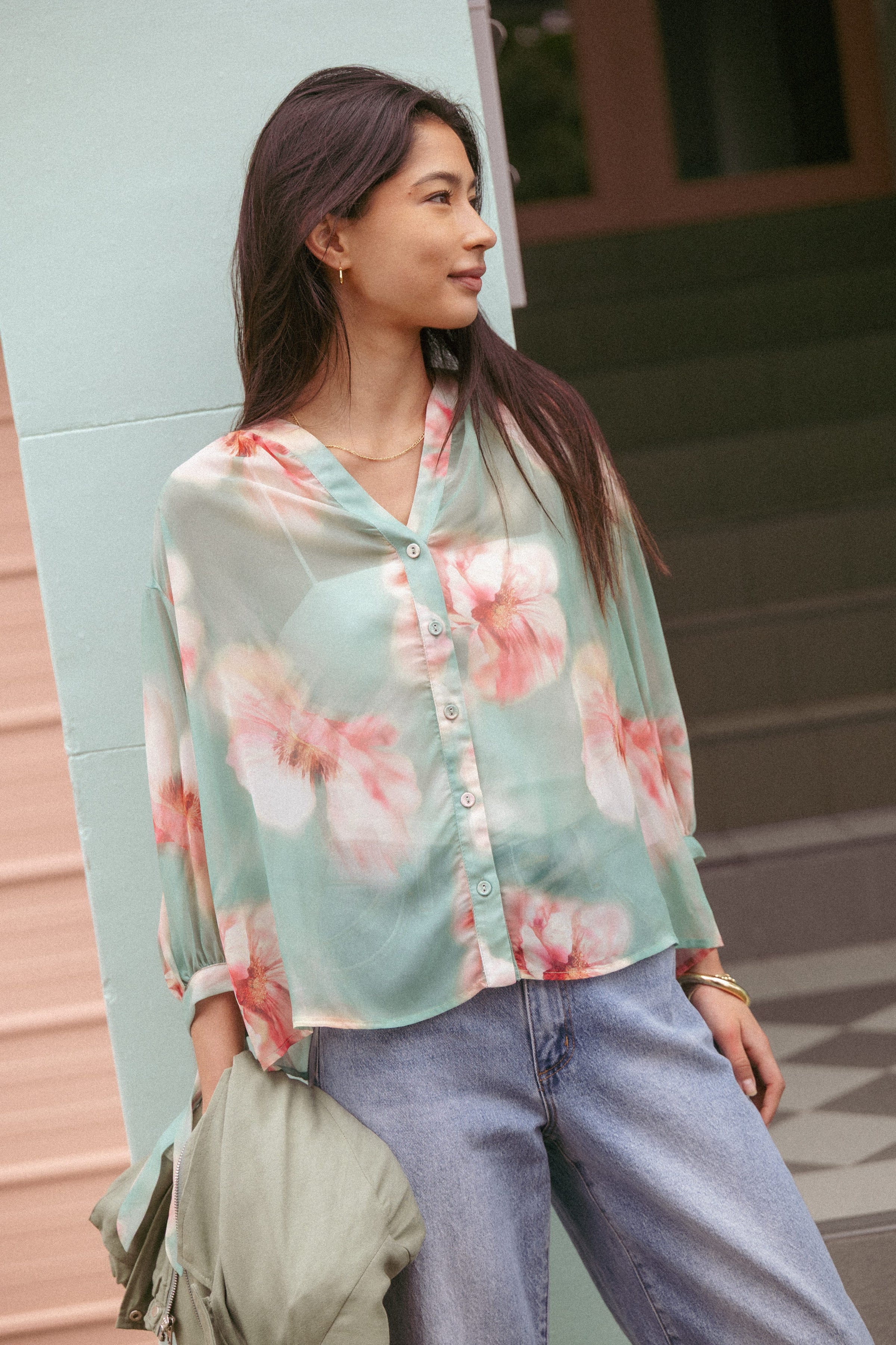 TOPS Brenda Blouse - Jade Green Blurred Floral
