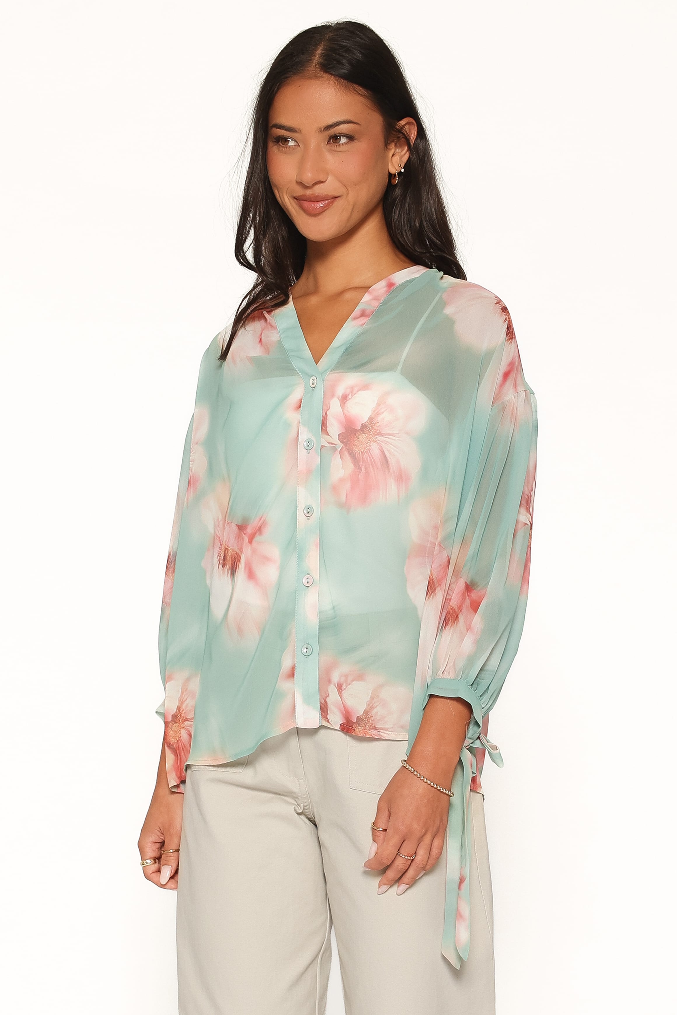 TOPS Brenda Blouse - Jade Green Blurred Floral