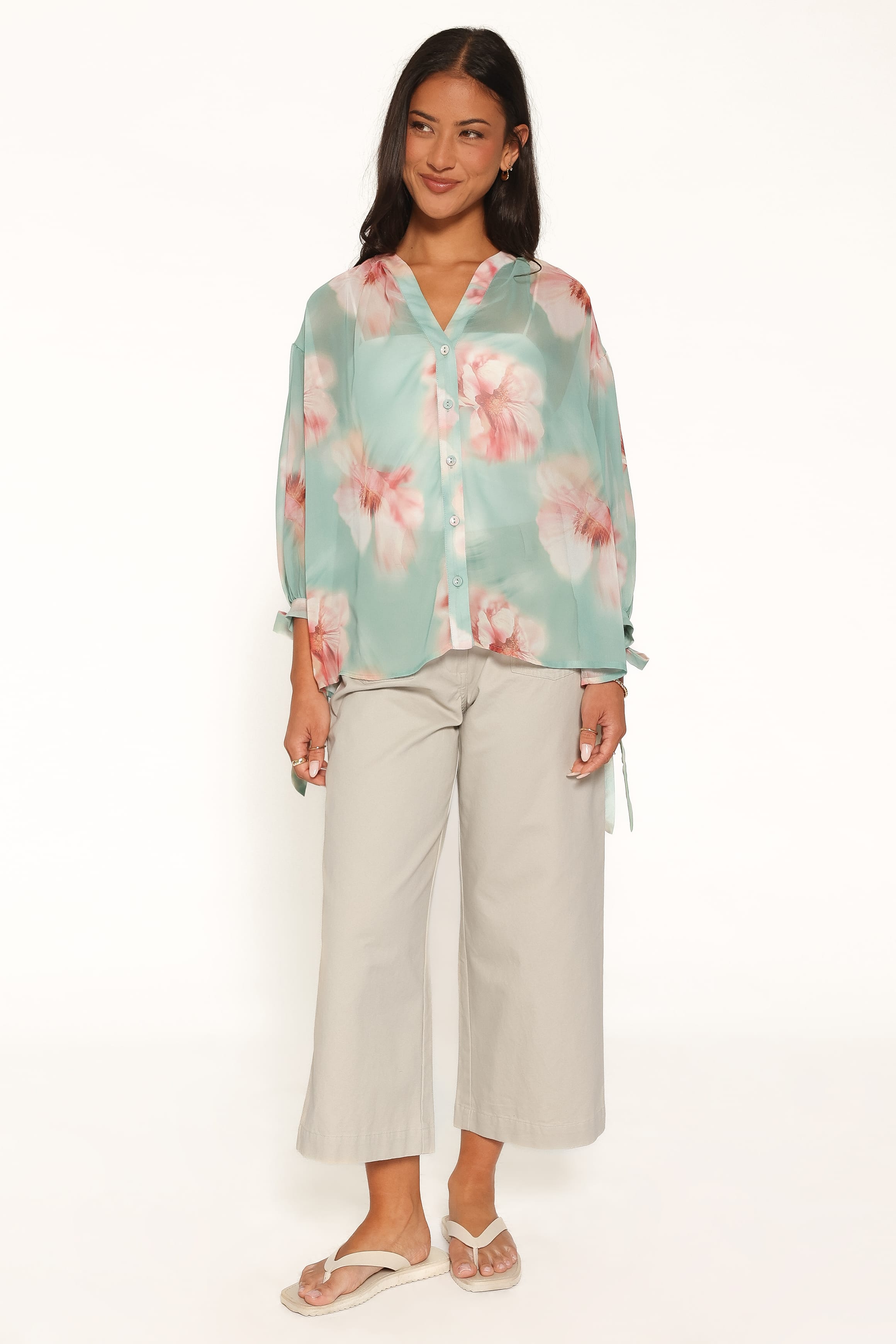 TOPS Brenda Blouse - Jade Green Blurred Floral