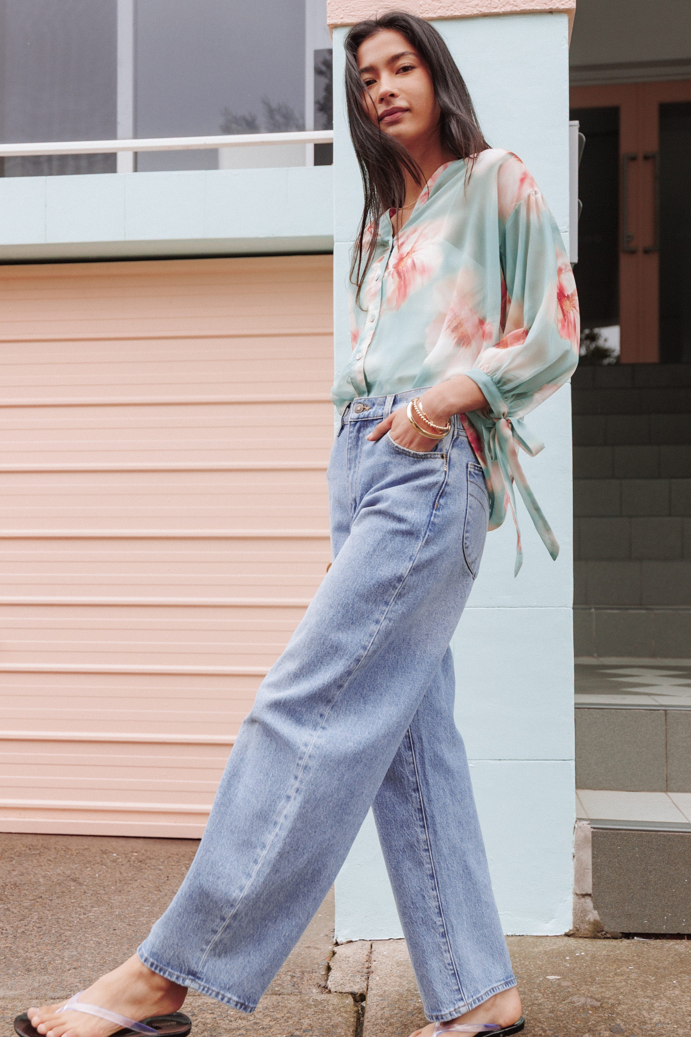 TOPS Brenda Blouse - Jade Green Blurred Floral