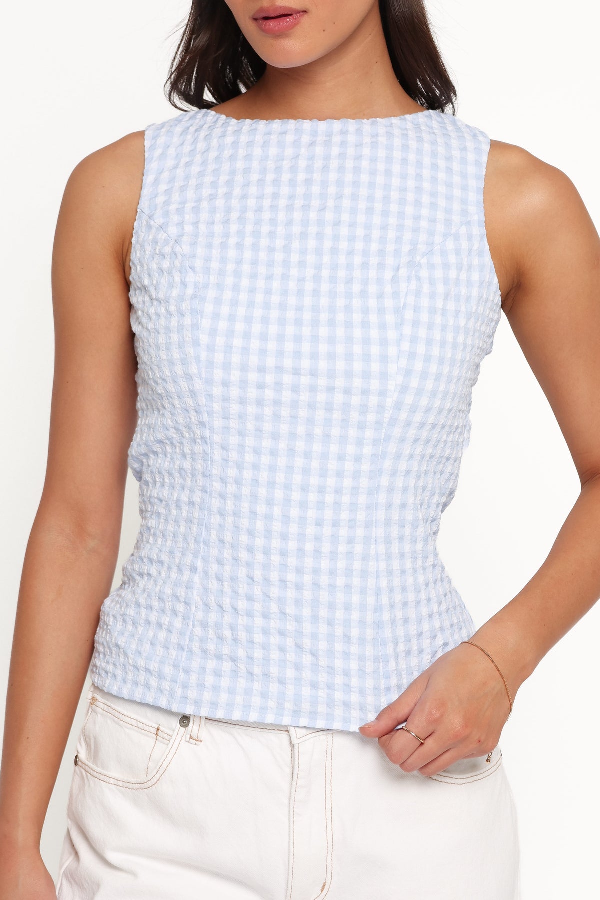 TOPS Brynn Tie Back Top - Blue Gingham