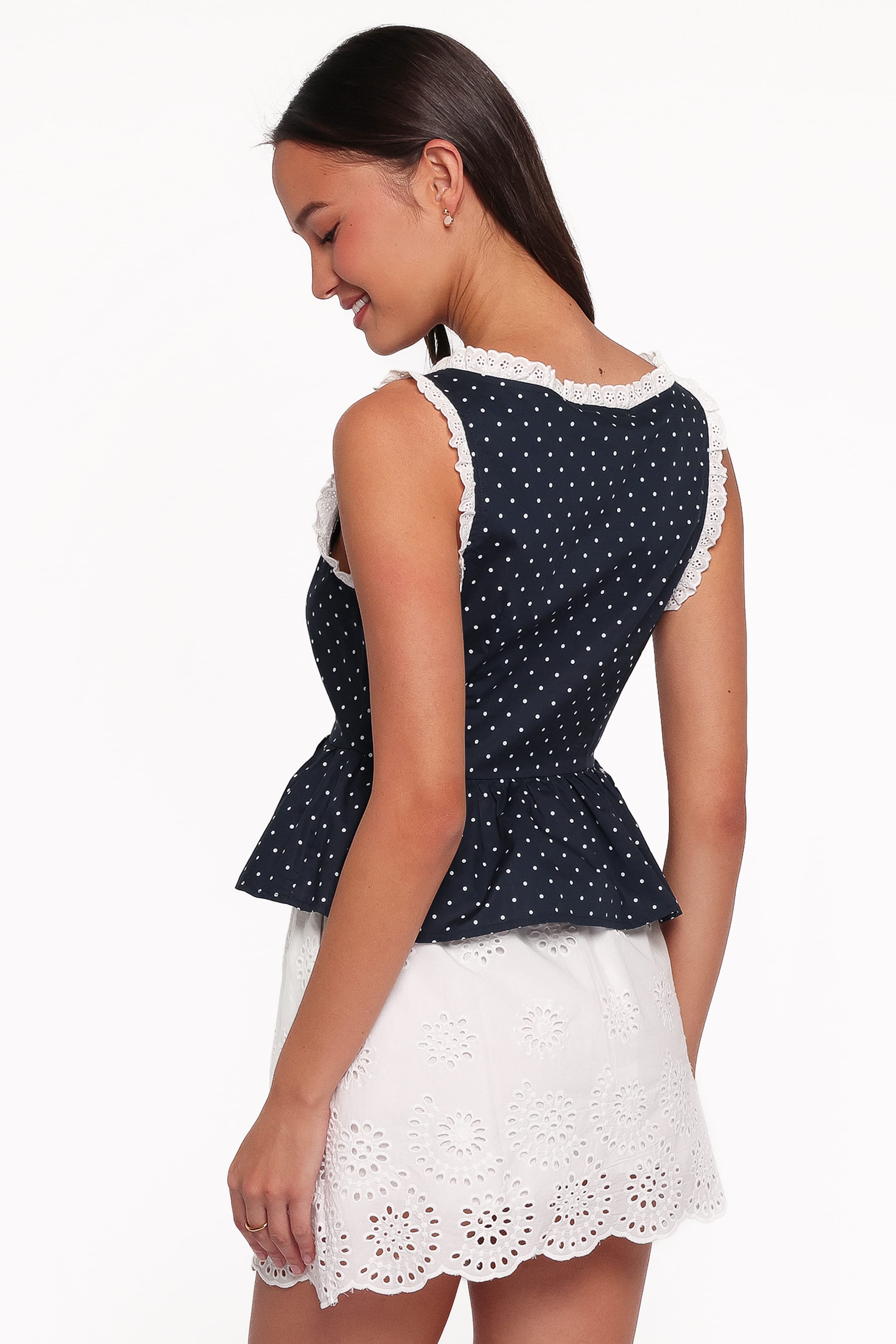 TOPS Carolina Top - Navy Polka Dot