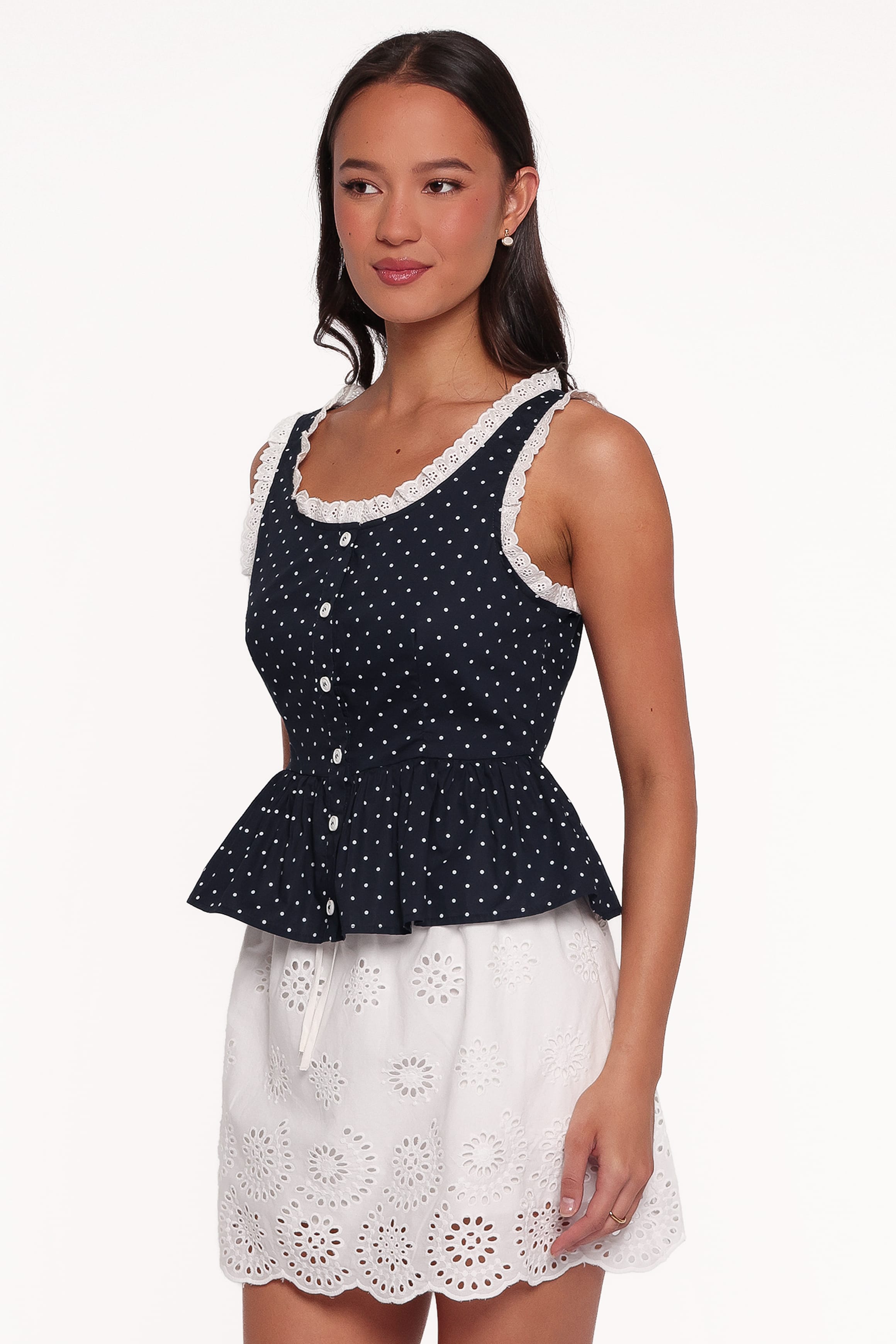TOPS Carolina Top - Navy Polka Dot