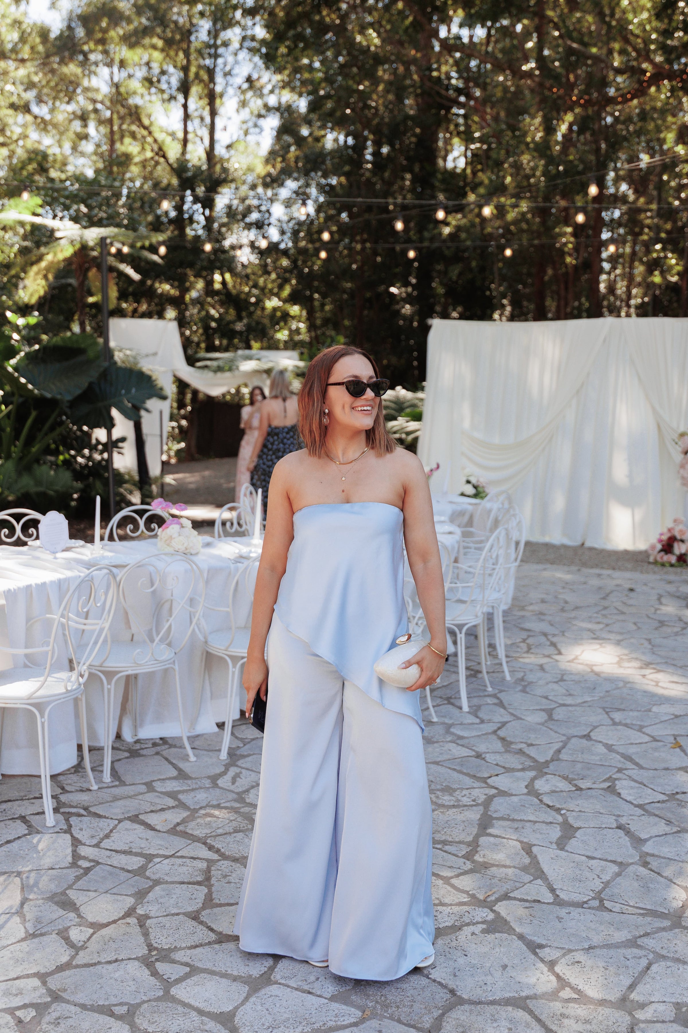 TOPS Charmer Asymmetrical Longline Strapless Top - Light Blue