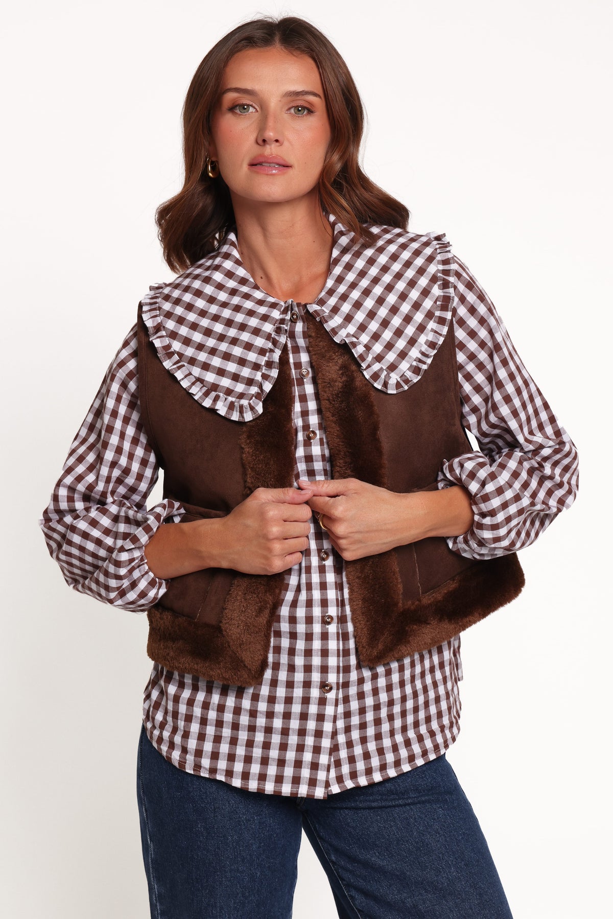 TOPS Cosetta Frill Collared Shirt - Brown Gingham
