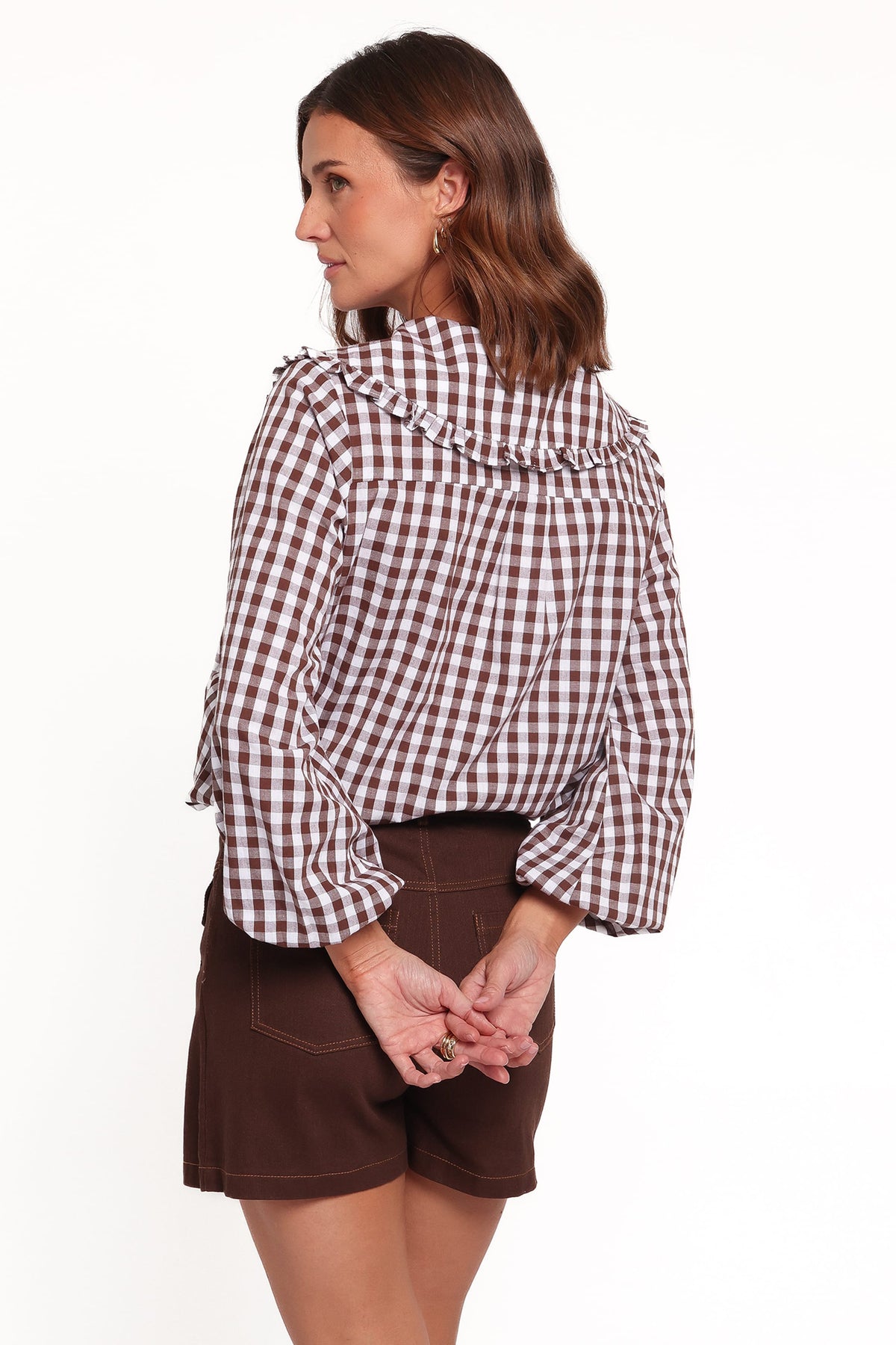 TOPS Cosetta Frill Collared Shirt - Brown Gingham